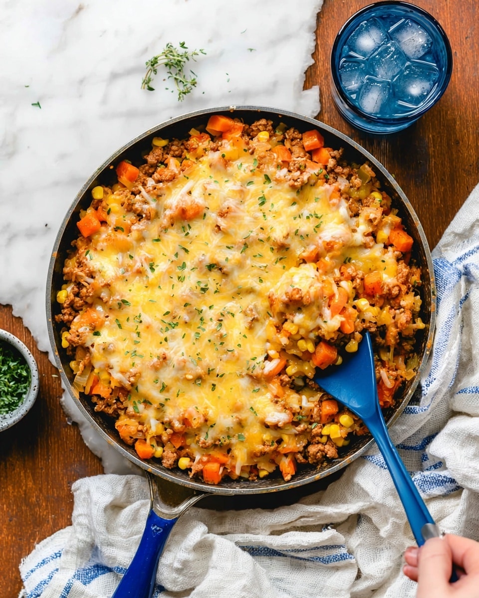 A thick casserole in a white round pan filled with a mix of cooked ground meat, diced orange carrots, yellow corn, small light yellow potato pieces, and melted yellow cheese on top. The cheese is bubbly and covers half of the dish, blending with the vegetables and meat underneath. There are small bits of green parsley scattered over the surface. A blue spoon is scooping a portion of the casserole, showing the chunky textured inside with mixed colors of meat, vegetables, and cheese. The background is a white marbled texture photo taken with an iphone --ar 4:5 --v 7