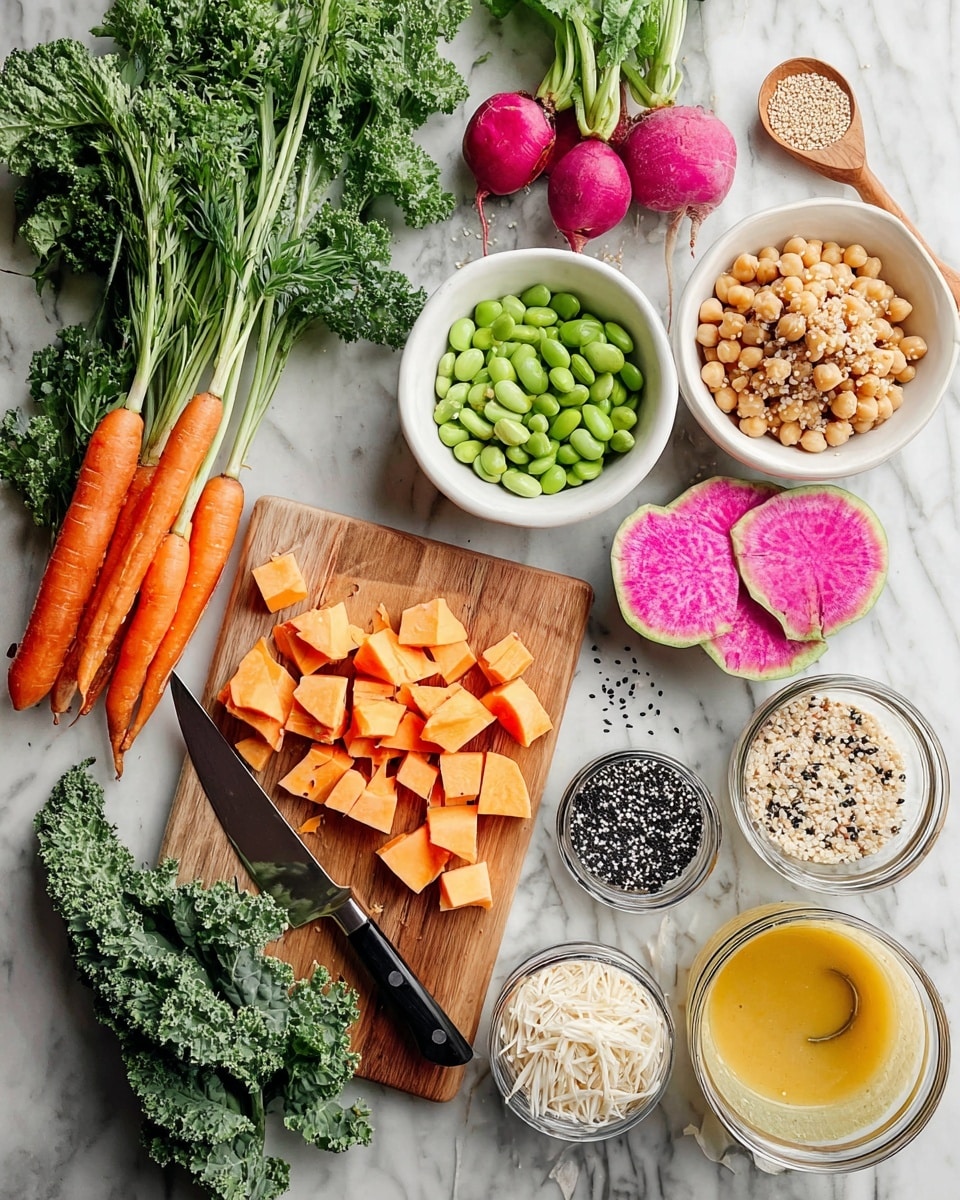 The image shows fresh ingredients arranged on a white marbled surface. In the center, a wooden board holds orange sweet potato cubes with a knife beside them. Above the board, there are fresh colorful carrots with green tops, and a bunch of curly kale with dark green leaves beside vibrant pink watermelon radishes, sliced in half. To the upper right, there are three white bowls with cooked chickpeas, steamed brown rice with a wooden spoon, and fresh green edamame beans. A small wooden bowl contains a mix of white and black sesame seeds. At the bottom right, a small glass jar holds shredded white ingredients next to a clear bowl of yellow sauce with a spoon. There is also a glass jar filled with black quinoa and a wooden scoop. The background is clean and bright, enhancing the vibrant colors of the fresh vegetables and grains. Photo taken with an iphone --ar 4:5 --v 7