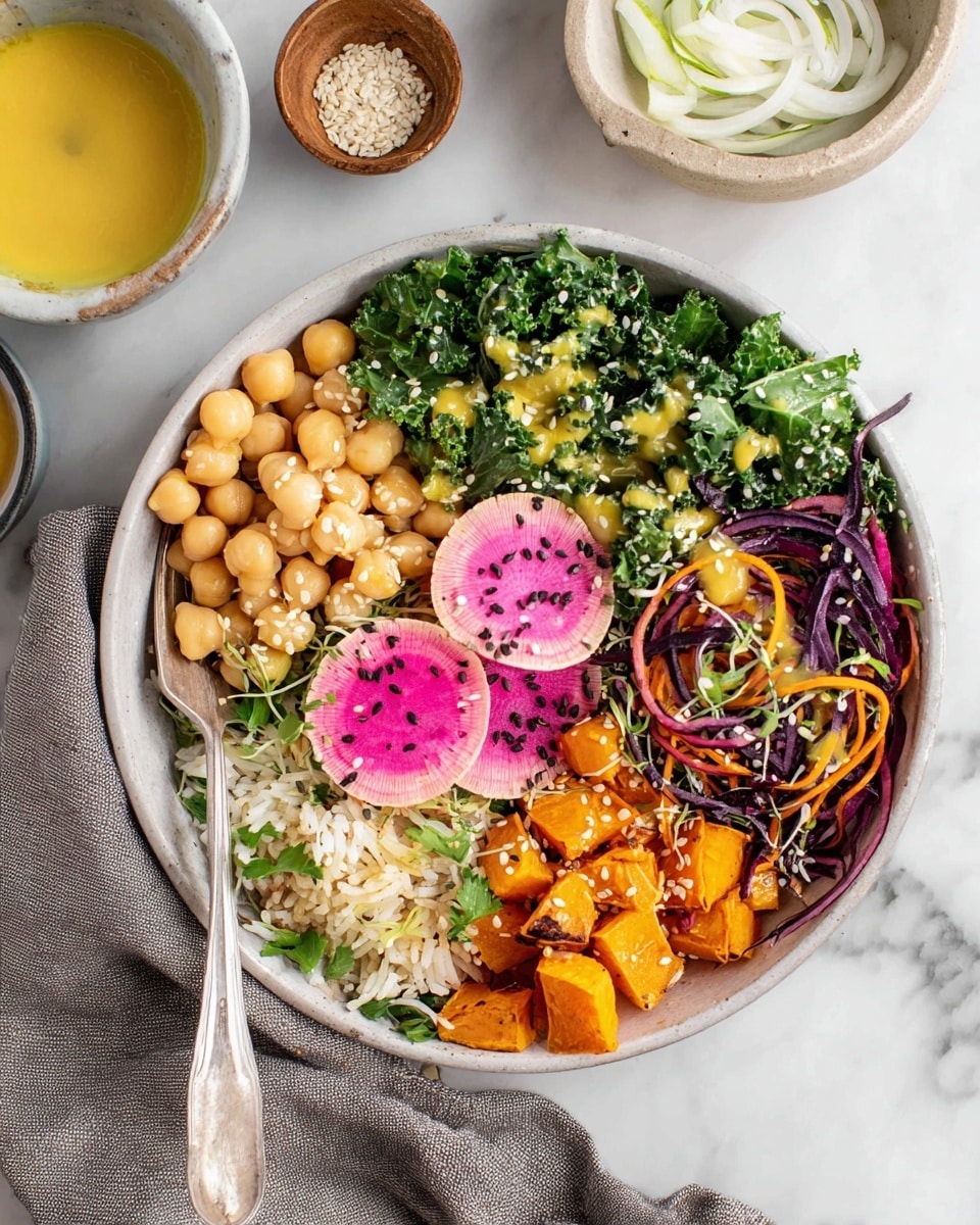A white speckled bowl filled with a colorful salad on a white marbled texture. The salad is arranged in layers: at the top left are plump beige chickpeas sprinkled with black and white sesame seeds, next to dark green kale leaves with a creamy yellow dressing drizzled on top. To the right, there are thin, curled carrot ribbons with light green sprouts. In the center are two bright pink watermelon radish slices with white edges, also sprinkled with sesame seeds. At the bottom right are small orange roasted sweet potato cubes. Below the radishes are light brown cooked rice grains. At the bottom left is shredded purple cabbage with some white pickled vegetables. Everything is lightly sprinkled with sesame seeds, and a silver fork rests on the left side of the bowl. Photo taken with an iphone --ar 4:5 --v 7