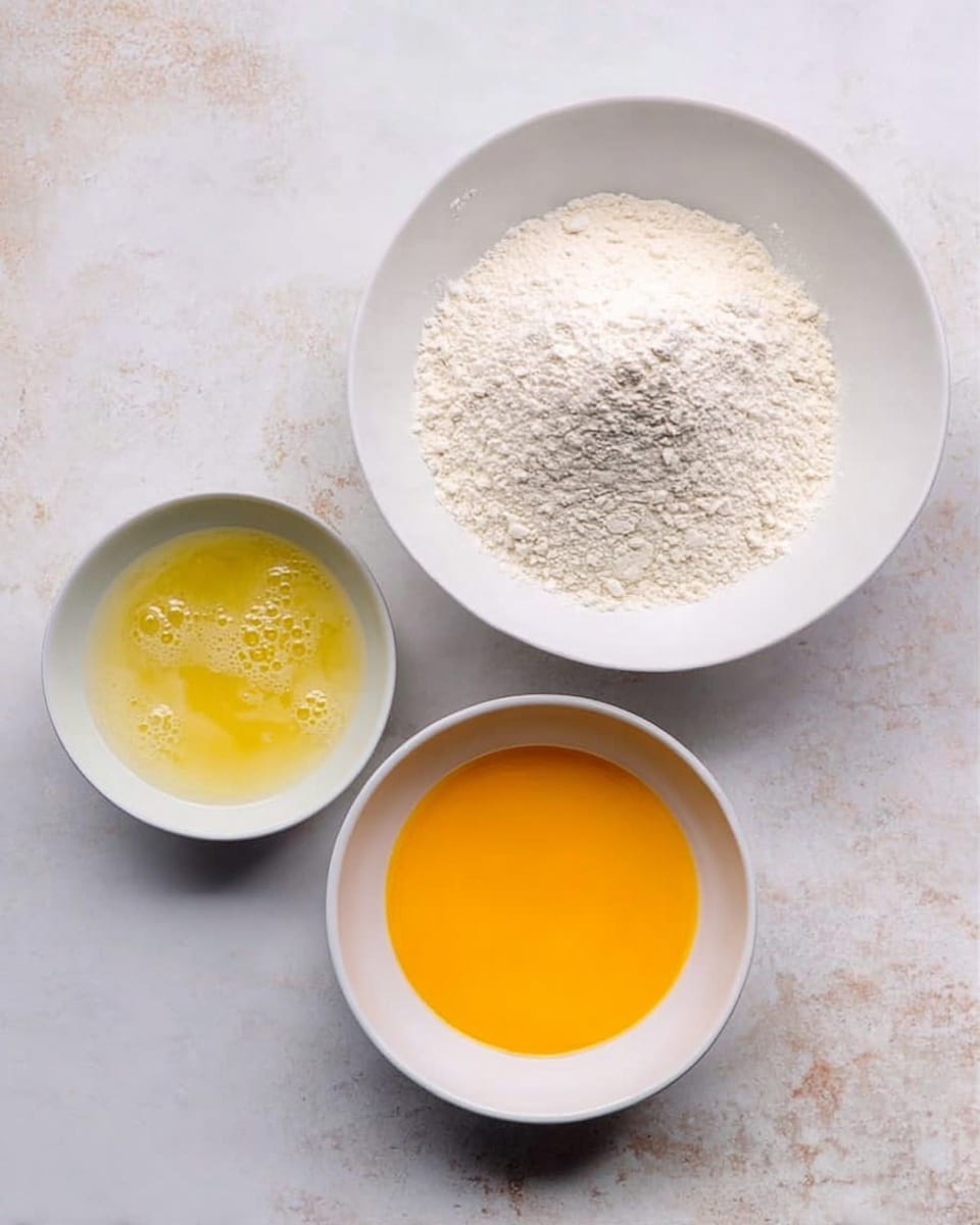 Three white bowls sit on a white marbled surface. The largest bowl holds a mound of white flour with a powdery texture, slightly settled in the center. To its left, a smaller bowl contains clear egg whites with a few small bubbles on the surface, showing a shiny and smooth texture. Below that, another white bowl is filled with beaten egg yolks, presenting a bright orange-yellow color with a slightly thick and glossy surface. The arrangement forms a triangular shape with the bowls. Photo taken with an iphone --ar 4:5 --v 7
