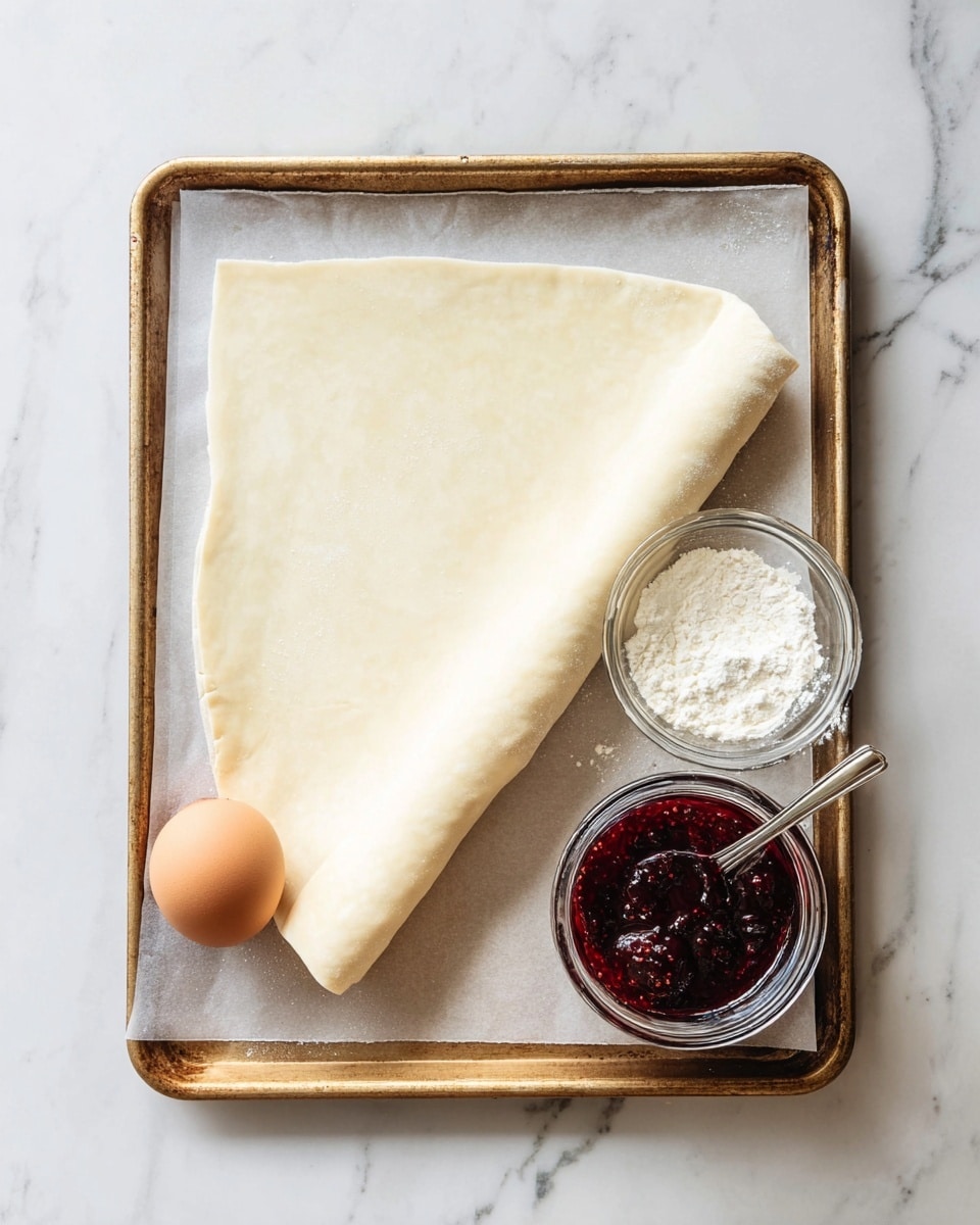 A baking tray lined with parchment paper holds one large pale beige sheet of dough folded unevenly over the edge. On the tray, there is one light brown egg, a small clear bowl filled with white powder, and a clear jar of dark red jam with visible seeds and a spoon inside. The tray is placed on a white marbled surface. photo taken with an iphone --ar 4:5 --v 7