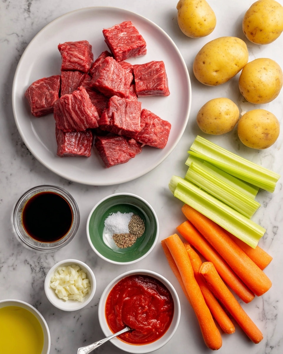 The image shows raw beef pieces placed on a round white plate at the top left. To the right are four whole yellow potatoes, and below the potatoes are four whole orange carrots. Below the carrots, there are five celery sticks aligned horizontally. In the bottom left corner, a small white bowl contains chopped garlic. Next to it is a small green bowl filled with a dark liquid, likely soy sauce. Below that, a small white bowl holds a mix of salt and pepper. In the center is a small bowl with red tomato paste, with a spoon resting inside. At the very bottom left is a small white bowl with yellow olive oil. The surface is a white marbled texture. Photo taken with an iphone --ar 4:5 --v 7