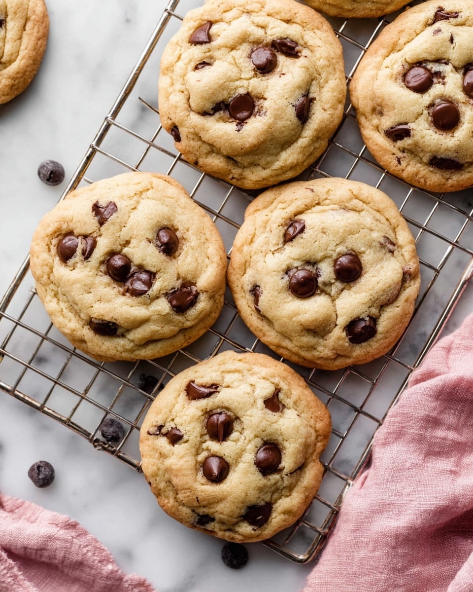 A stack of four chocolate chip cookies is shown on a silver wire rack on a white marbled surface. The cookies are golden brown with many dark brown chocolate chips visible on each layer. The top cookie has a bite taken out, revealing a soft, chewy inside with melted chocolate chips. Scattered chocolate chips lie on the surface near the stack. The background is softly blurred with a light neutral tone. photo taken with an iphone --ar 4:5 --v 7