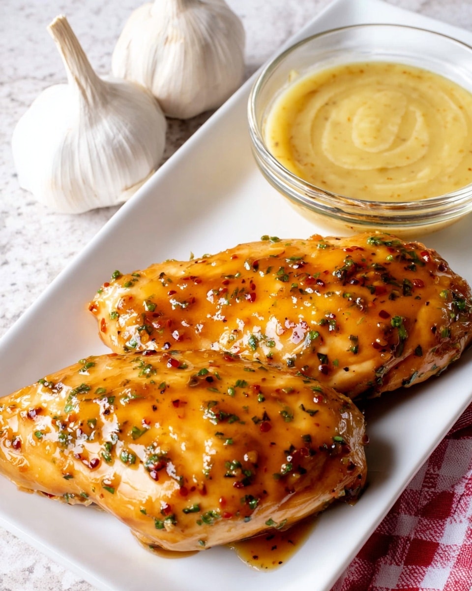 Two cooked chicken pieces covered with a shiny, golden-brown sauce with visible green herbs sit side by side in a white rectangular plate. To the top left of the plate, there is a clear bowl filled with a creamy light yellow mustard sauce. The plate and bowl are placed on a red and white checkered cloth on a white marbled surface. Photo taken with an iphone --ar 4:5 --v 7