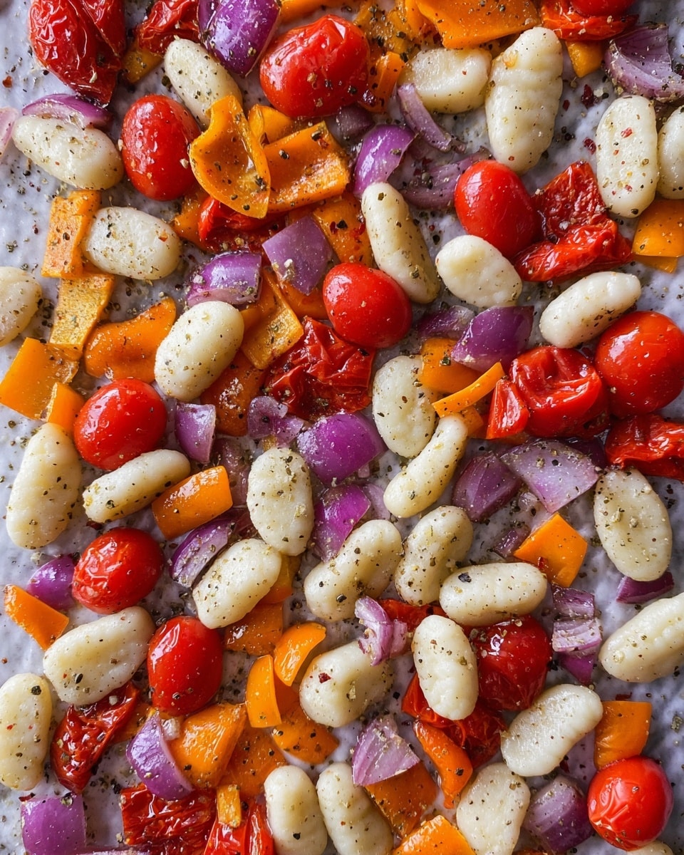 The image shows a close-up of uncooked gnocchi mixed with cherry tomatoes, red and orange bell pepper pieces, and chunks of purple onion scattered evenly. The gnocchi are small, oval-shaped, and pale white with a slightly ridged texture. The cherry tomatoes are bright red and shiny. The bell pepper pieces vary in size and have a smooth, slightly glossy surface in orange and red hues. The onion chunks are uneven, with a mix of purple outer layers and white inner parts. Everything is sprinkled with visible black pepper flakes, and the background is a white marbled texture. photo taken with an iphone --ar 4:5 --v 7