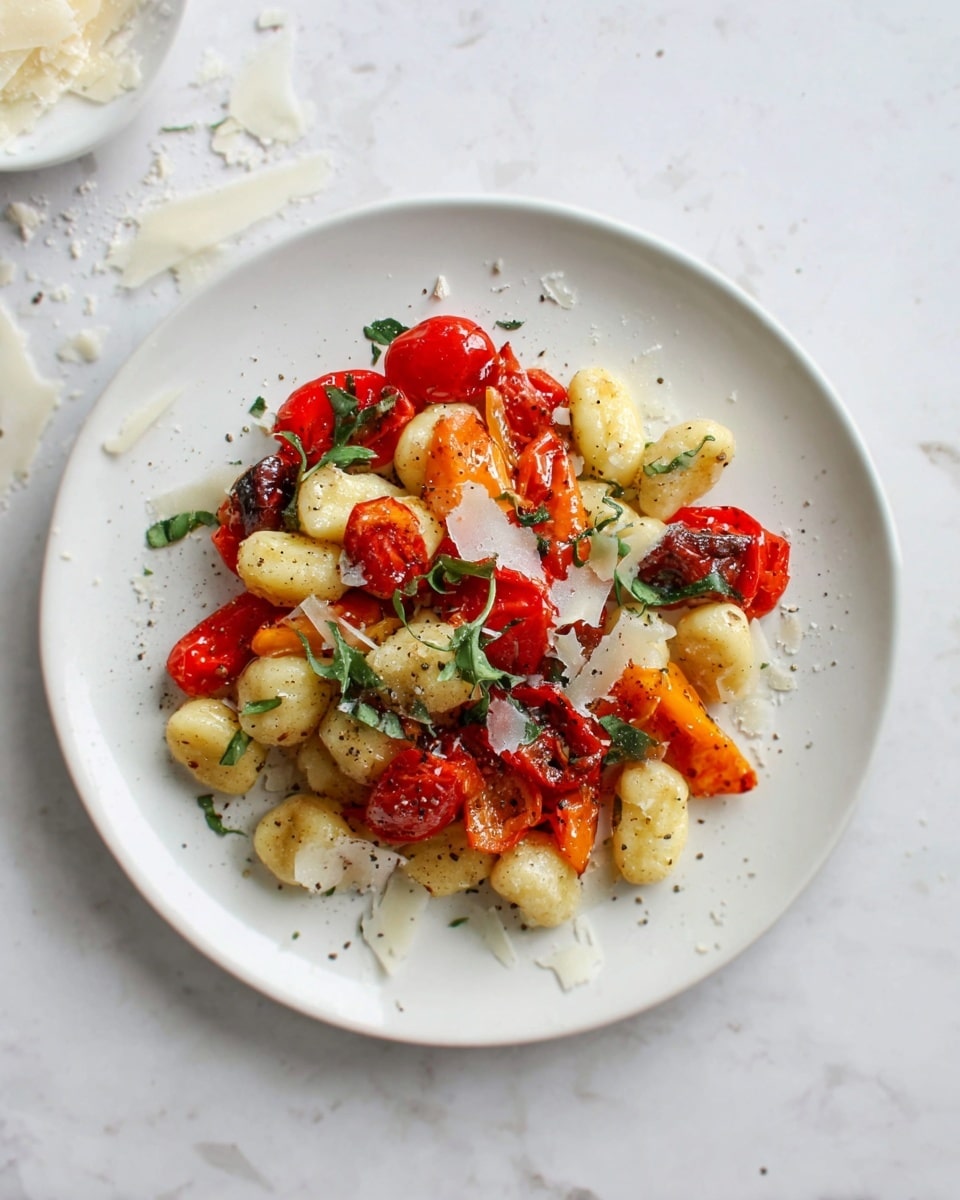 A white plate on a white marbled surface holds a colorful dish composed of small, pale yellow gnocchi pieces layered with bright red roasted cherry tomatoes and slightly charred red and orange bell pepper pieces. Scattered around and on top are small green herb leaves and shavings of light creamy cheese, adding texture. The vibrant colors contrast nicely against the soft pale gnocchi and white plate, with tiny black pepper specks visible on the food. Photo taken with an iphone --ar 4:5 --v 7