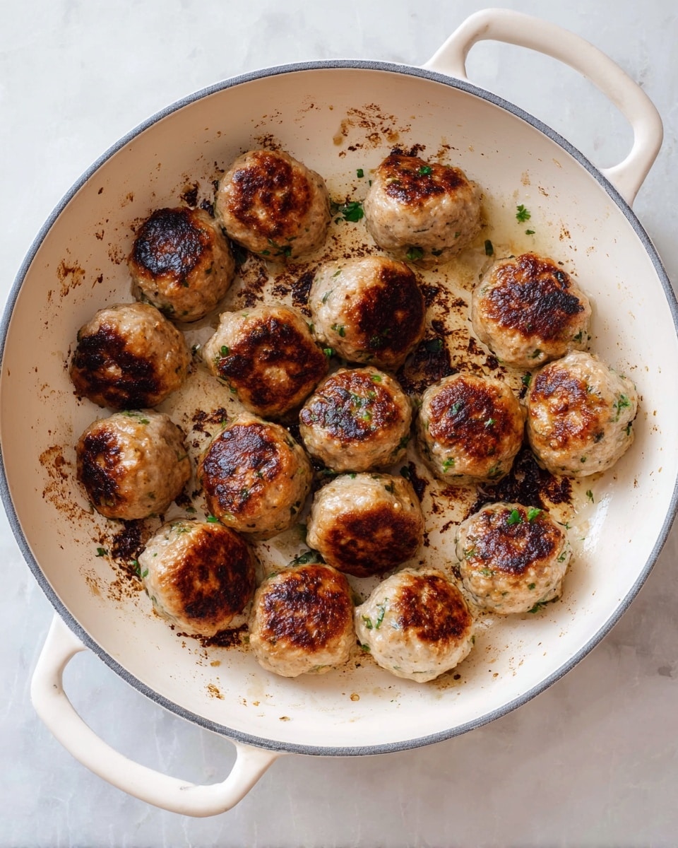 A white pan with two handles holds about fifteen browned meatballs. Each meatball is round and has a golden-brown crispy top layer while the sides show a lighter, cooked texture with small green herb specks. The surface of the pan shows some dark brown cooked bits left from frying, and the pan sits on a white marbled surface. photo taken with an iphone --ar 4:5 --v 7