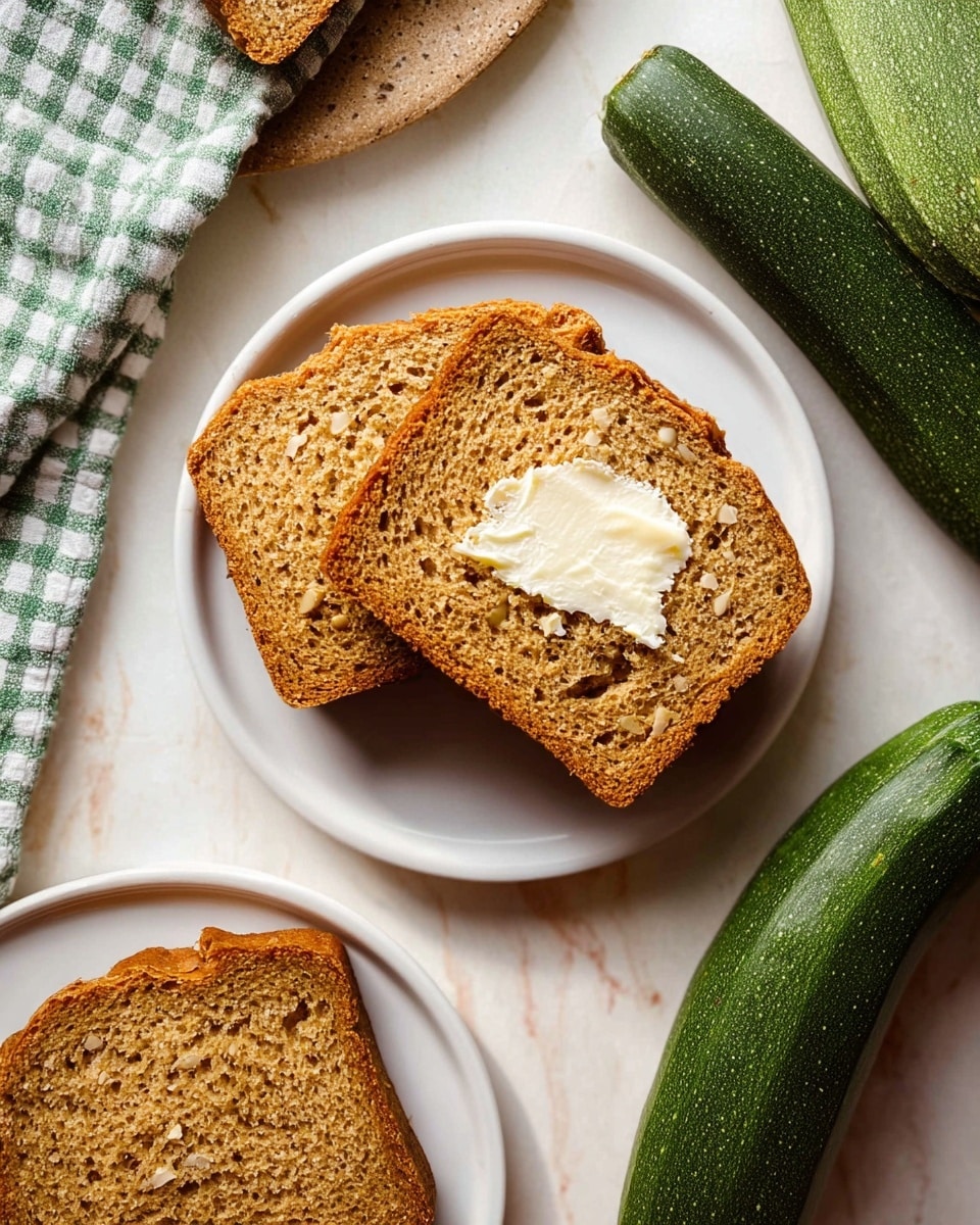 Two slices of brown bread with small visible bits, placed on a white round plate; the top slice has a layer of unevenly spread white butter. The bread has a soft, slightly coarse texture and a golden crust. To the bottom left, there is a partial view of another white plate with one slice of the same bread. Two green zucchinis with smooth, shiny skin lie to the right on a white marbled surface. A green and white checkered cloth is partially visible in the upper left corner. The overall color tone is warm and natural. Photo taken with an iphone --ar 4:5 --v 7