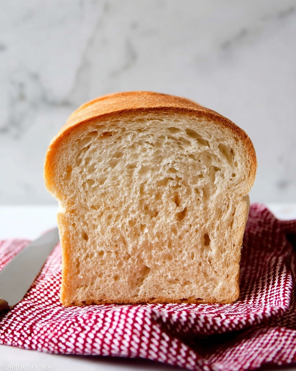 A loaf of white bread is partially sliced, showing five slices layered neatly in front of the main loaf. The bread crust is golden brown with a slightly rough texture, while the inside is soft and off-white. The slices rest on a red and white checkered cloth that adds a cozy feel, all placed on a white marbled surface. A small green leaf is near the bread, adding a little color contrast. The scene is close up and well-lit, focusing on the texture of the bread and cloth photo taken with an iphone --ar 4:5 --v 7