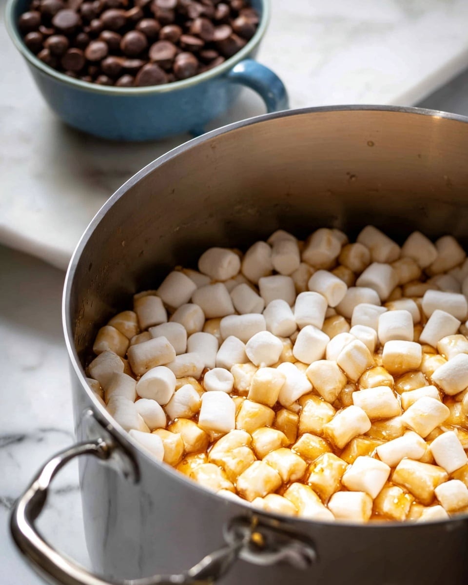 A close-up image shows a large stainless steel pot filled with tiny white marshmallows, some of which are coated lightly with a golden syrup, giving a mix of white and shiny caramel yellow colors all around. In the blurred background, a blue cup filled with small round dark brown chocolate pieces is visible, sitting on a white marbled surface. The pot's shiny metal handle is visible at the bottom left. Photo taken with an iphone --ar 4:5 --v 7