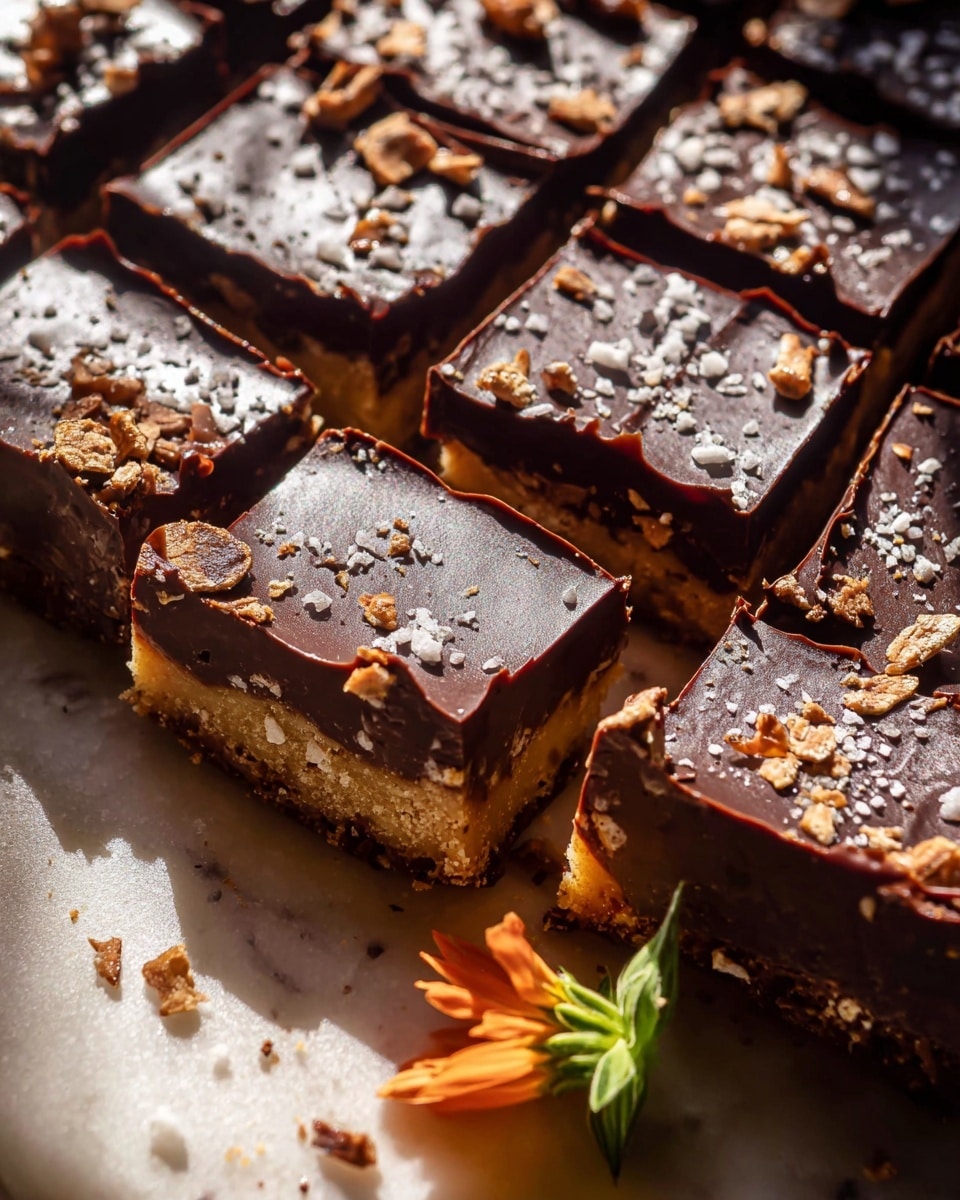 The image shows a close-up of square chocolate bars arranged in rows on a white marbled surface. Each bar has three layers: a base layer in light golden brown with a crumbly texture, a middle layer with scattered toasted pieces of light to dark brown, and a glossy dark brown chocolate layer on top sprinkled with coarse white sea salt. The chocolate top has a smooth and shiny finish with small natural ripples and some pieces showing a mix of lighter crumbs near the edges. A small green flower with an orange-yellow center rests beside the bars, adding contrast. The warm light creates shadows and highlights, making the chocolate shine. Photo taken with an iphone --ar 4:5 --v 7
