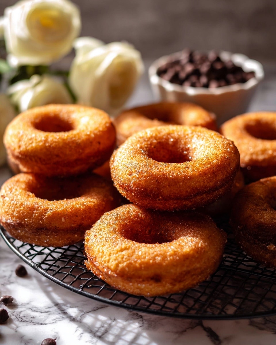 The image shows a close-up view of a pile of golden-brown donuts with a crispy and slightly rough texture. The donuts are arranged in a loose stack on a black wire cooling rack over a white marbled surface. In the background, there is a white bowl filled with small chocolate chips and two white roses placed beside it, adding a soft and decorative touch to the scene. Warm natural light highlights the donuts, creating soft shadows that enhance their texture and shape photo taken with an iphone --ar 4:5 --v 7