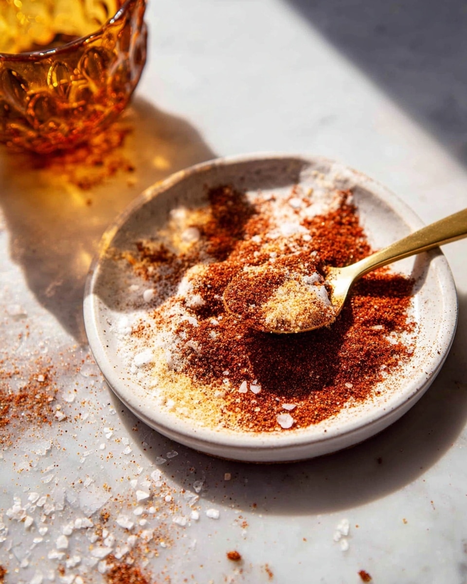 A white, shallow plate holds a mix of spices with visible layers of reddish-brown chili powder, coarse white salt flakes, and light tan granules, spread unevenly across the surface. A golden spoon rests diagonally on the plate, its bowl filled with some of the spice mix. The plate is set on a white marbled texture, with scattered salt flakes around it, and a warm light creates soft shadows, enhancing the colors and textures. In the background, there is a blurry amber glass object that adds a warm tone to the scene. photo taken with an iphone --ar 4:5 --v 7
