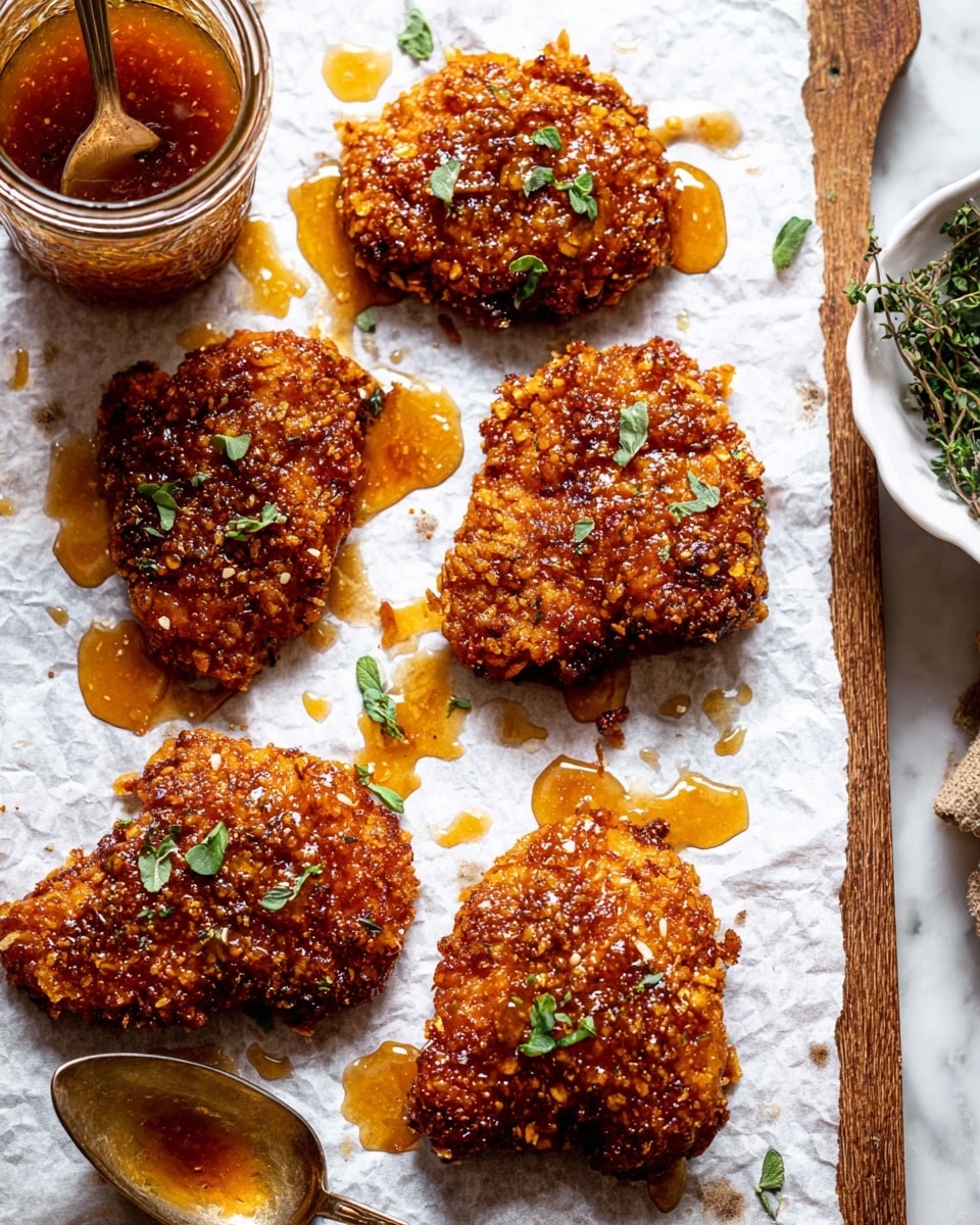 The image shows five pieces of crispy fried chicken placed on white parchment paper over a wooden surface. Each piece has a golden brown, crunchy coating with a slightly rough texture. The chicken pieces are drizzled with a shiny amber sauce that creates small pools and drops around them, adding a glossy wet look. Tiny green herb leaves are scattered on top of the chicken and around the sauce drops, giving a fresh touch. On the left side, there is a clear glass jar filled with more amber sauce and a bronze spoon resting on the parchment paper with some sauce on it. On the right edge, part of a white bowl is seen with a few green herbs inside. The background is a white marbled surface. photo taken with an iphone --ar 4:5 --v 7