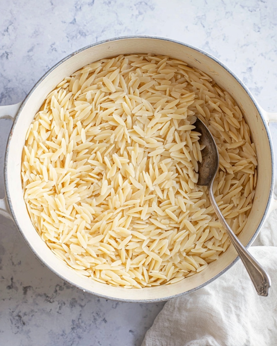 A white pot filled with one layer of cooked orzo pasta, small rice-shaped pieces in a light cream color with a slightly shiny texture. Inside the pot, a silver spoon is placed on the right side, partly submerged in the pasta. The pot sits on a white marbled surface with a light gray pattern, and a white cloth is partially visible at the bottom right corner. Photo taken with an iphone --ar 4:5 --v 7