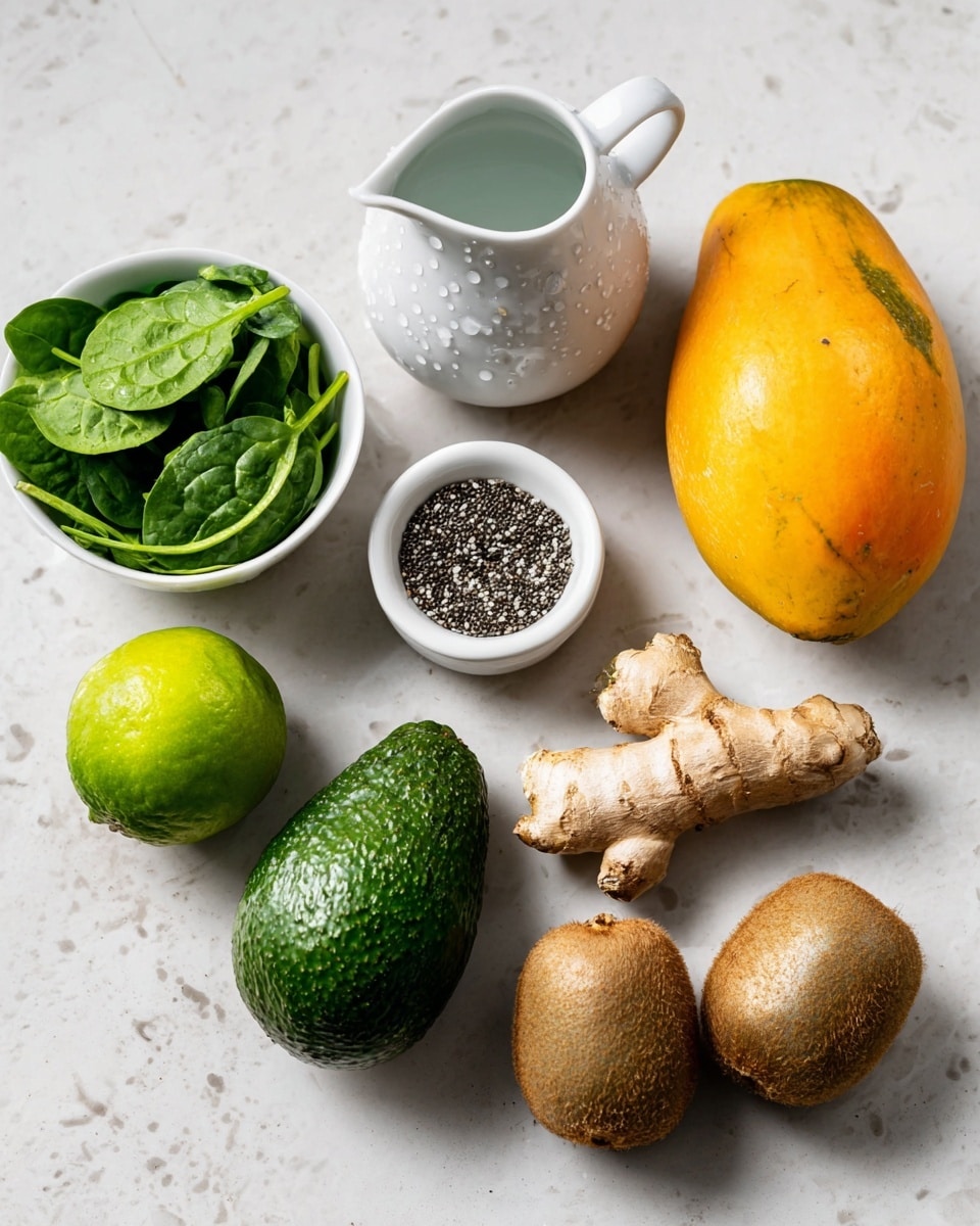 The image shows various fresh ingredients placed on a white marbled surface. There is a small white bowl filled with bright green spinach leaves on the top left, next to a white ceramic pitcher with water droplets on it. A ripe, yellow-orange papaya is on the top right. Below, a small white dish holds tiny black chia seeds. In the center, a chunky piece of light tan ginger root sits near a shiny dark green avocado. At the bottom left, a whole lime with a bright green color is visible, and on the right, two fuzzy brown kiwis are placed close together. photo taken with an iphone --ar 4:5 --v 7