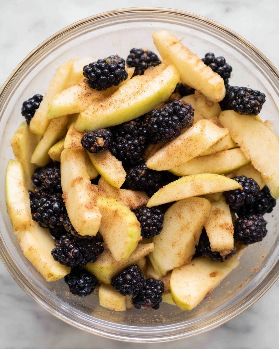 A clear glass bowl is filled with thin slices of yellow apple and whole blackberries mixed together. The fruit pieces are coated with a light brown powder of cinnamon, giving a soft and slightly grainy texture on the surface. The apples are a pale yellow color with smooth edges, while the blackberries are dark purple-black with a bumpy texture. The fruits are evenly mixed, filling the bowl about two-thirds full. The bowl sits on a white marbled surface. photo taken with an iphone --ar 4:5 --v 7