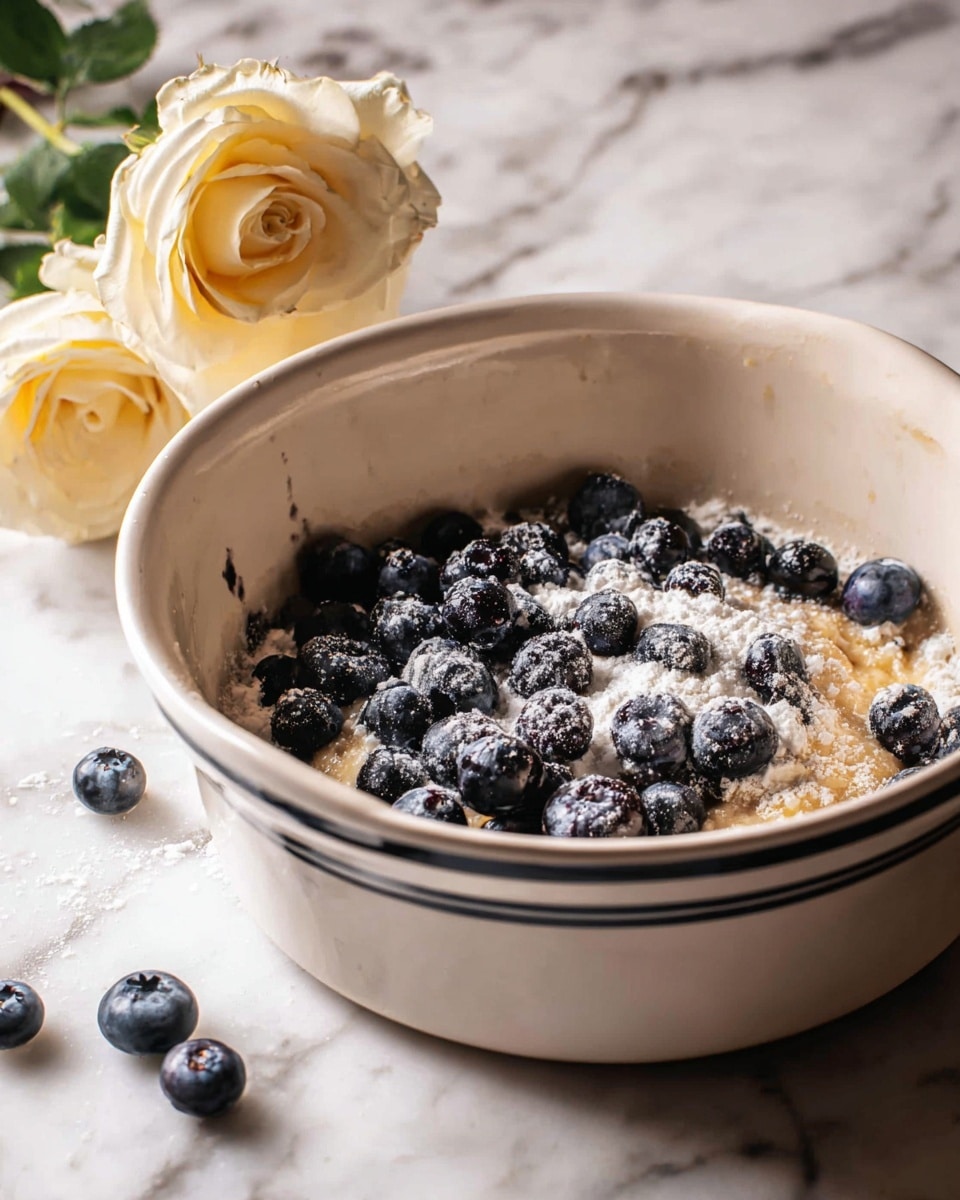 A white bowl with a single dark blue line near the bottom holds a mixture of light brown batter topped with fresh dark blue blueberries and white flour dusted over them, showing a mix of soft and powdery textures inside the bowl. The bowl sits on a white marbled surface scattered with a few loose blueberries, round and shiny with some matte flour on them. To the left, a pale cream-colored rose with green leaves rests beside the bowl, adding a soft natural detail against the marble. The lighting highlights the smooth inside of the bowl and the contrast between the blueberries and the light batter photo taken with an iphone --ar 4:5 --v 7