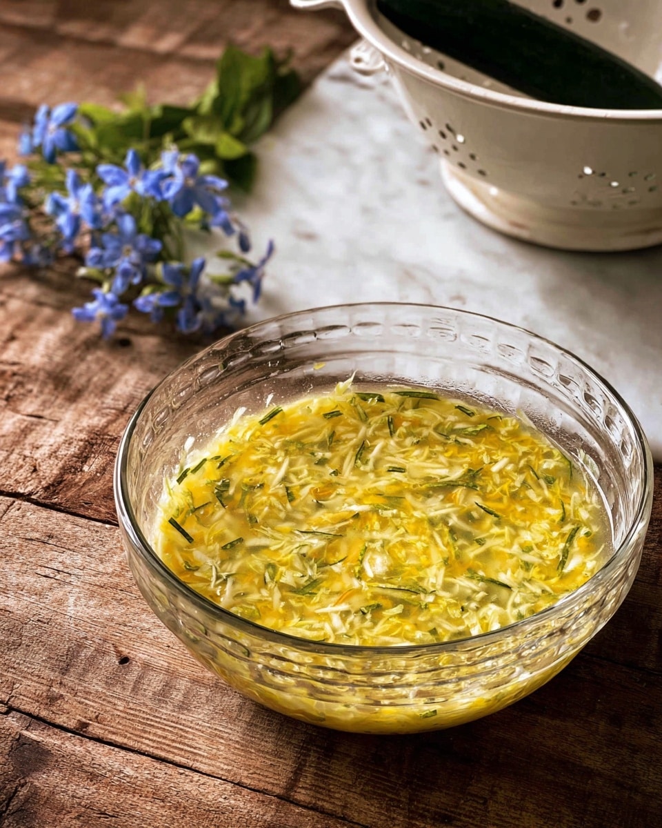 A clear glass bowl holds a yellowish mixture with thin, light green shredded pieces evenly spread throughout, sitting on a rustic wooden table. In the background, a white colander contains a whole dark green cucumber and some small light blue flowers with green leaves. The scene is set on a white marbled surface. photo taken with an iphone --ar 4:5 --v 7