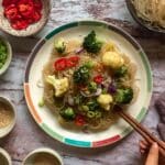 Spicy Oven-Cooked Asian Noodle Soup with Cauliflower, Broccoli, and Bean Noodles Recipe