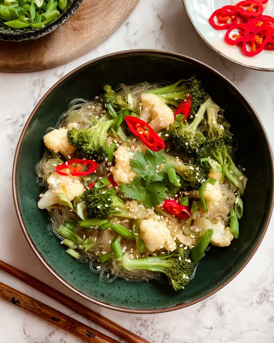 A bowl filled with cooked glass noodles at the bottom, topped with bite-sized bright green broccoli and white cauliflower pieces evenly spread out. Thin slices of red chili peppers are scattered on top, adding color contrast. Fresh green onions, both chopped and in long pieces, along with sprigs of cilantro, are arranged on the noodles and vegetables. A light sprinkling of sesame seeds is visible, adding texture. The bowl is dark green, placed on a white marbled surface, with wooden chopsticks resting beside it. A small portion of a white plate with more sliced chili and green onions is visible in the corner, along with a woman's hand near the top right corner. Photo taken with an iphone --ar 4:5 --v 7