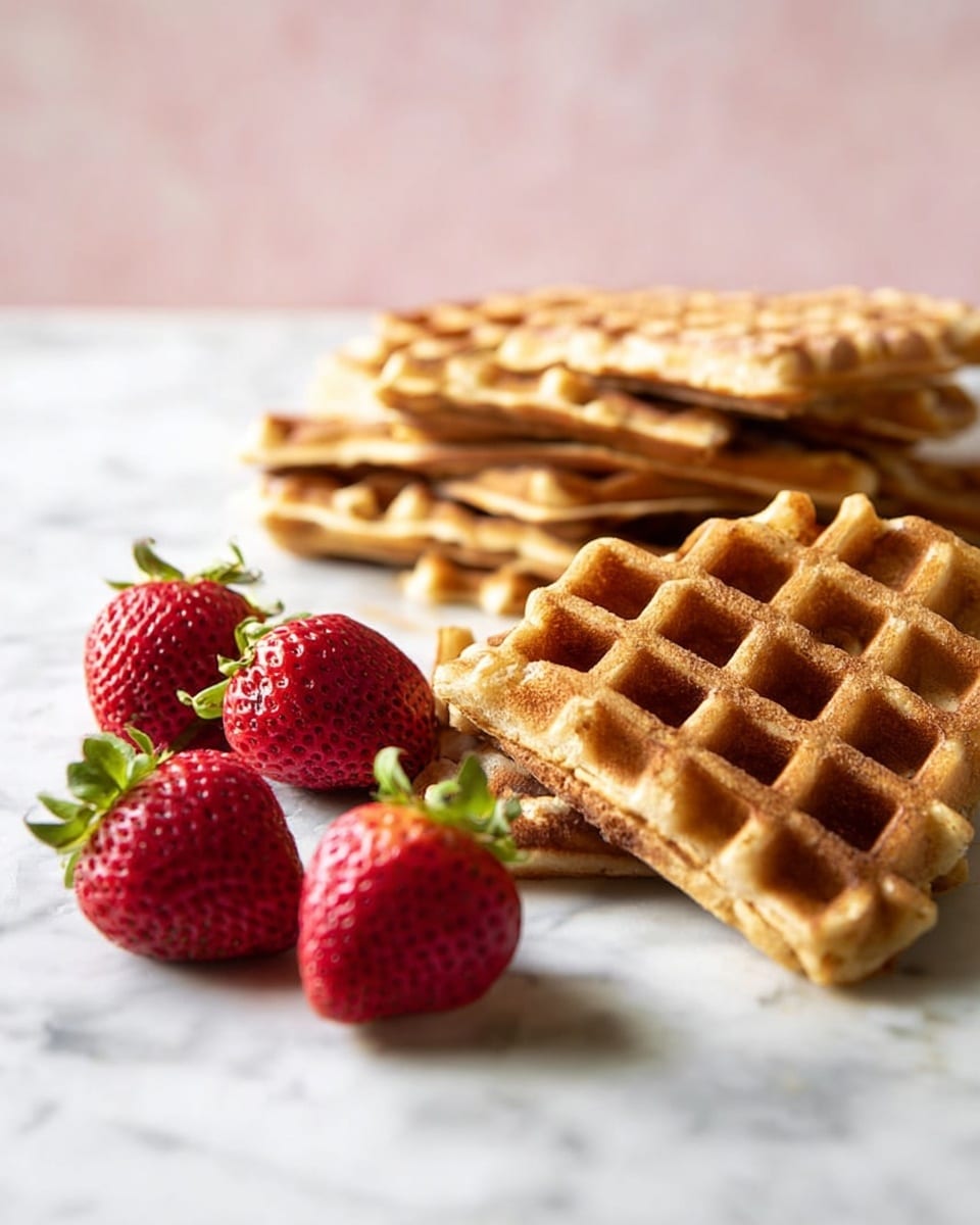 Several golden brown waffles are placed directly on a white marbled surface. The waffles have a crisp texture with deep square patterns across their surface. They are arranged in a loose pile to the right and spread out flat in the front. In front of the waffles, there are three whole strawberries with green leafy tops still attached. The strawberries are rich red and slightly glossy with visible seeds. The overall setting has soft lighting and a clean, simple look. Photo taken with an iphone --ar 4:5 --v 7