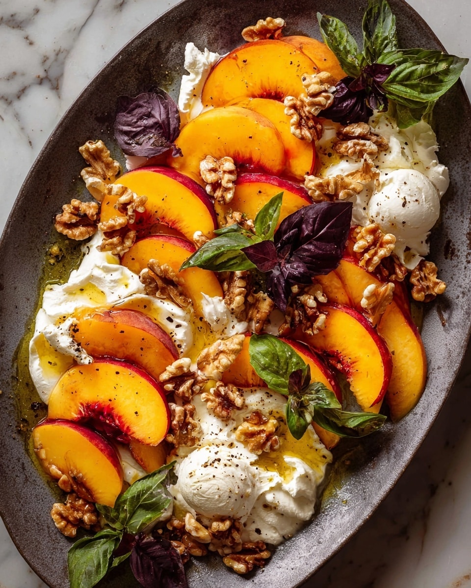 A dark gray oval plate holds a layered mix starting with creamy white dollops of soft cheese spread thickly across the plate. On top of the cheese, there are bright orange peach slices with red flesh near the center, arranged unevenly around the plate. Scattered walnuts add a crunchy, brown texture, some sitting on the cheese and others on the peach slices. Dark purple-green basil leaves are placed in clusters for a fresh, leafy look. The whole dish is lightly drizzled with golden honey and sprinkled with black pepper. The plate sits on a white marbled surface. photo taken with an iphone --ar 4:5 --v 7