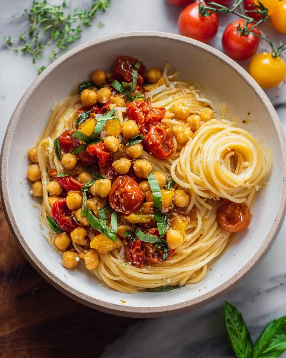 A white bowl holds a dish with two swirls of thin spaghetti pasta at the center-right, light yellow in color and slightly shiny from oil. Around and mixed with the pasta, there are golden chickpeas and roasted cherry tomatoes in red and yellow shades, some tomatoes cracked open showing their soft insides. Green basil leaves are scattered on top, adding a fresh touch. The background has a few cherry tomatoes and green herb sprigs on a white marbled surface. Photo taken with an iphone --ar 4:5 --v 7