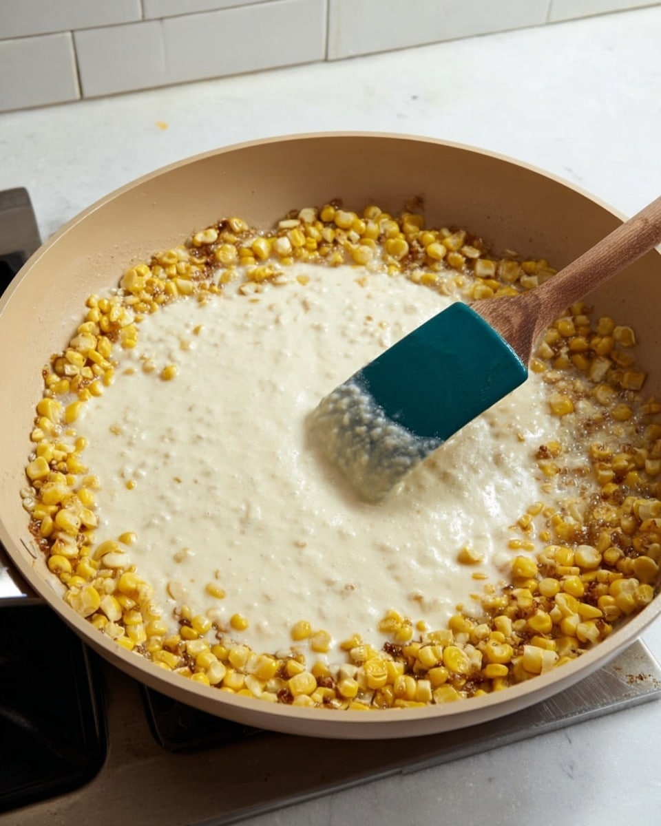 A large beige pan sits on a stove with cooked yellow corn and small browned bits forming a ring around the edge. Inside this ring, there is a thick, creamy white sauce being stirred with a teal spatula, which is partially covered in the sauce. The texture of the sauce is smooth with small bubbles visible. The background shows a white marbled surface and white tiled wall. photo taken with an iphone --ar 4:5 --v 7