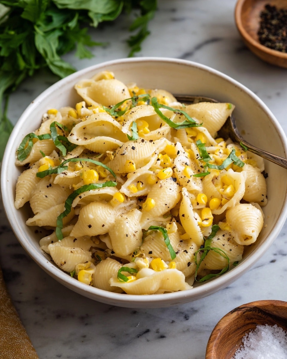 A white bowl filled with creamy shell pasta layered evenly with a smooth, light yellow sauce. Scattered throughout are small, bright yellow corn kernels adding a slight contrast, and thin green basil strips are sprinkled on top, giving fresh color. The pasta shells have a soft and slightly shiny texture, topped with a light sprinkle of coarse black pepper. The bowl sits on a white marbled surface with green herbs and a wooden bowl of salt nearby. photo taken with an iphone --ar 4:5 --v 7