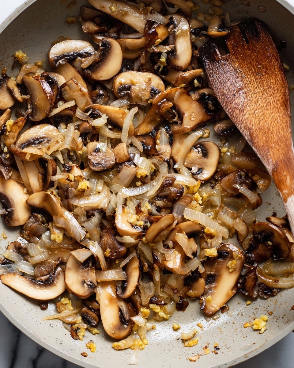 The image shows a close-up of sliced mushrooms and chopped onions cooking together in a pan. The mushrooms are light brown with darker edges, and they look soft and moist. The thin onion slices are translucent with a slight golden color, mixed well with small pieces of minced garlic that are yellowish. A wooden spatula rests on the top right side of the pan, blending with the cooked ingredients. The pan’s inside surface is light-colored, adding contrast to the warm tones of the cooked vegetables. The background is a white marbled texture. photo taken with an iphone --ar 4:5 --v 7