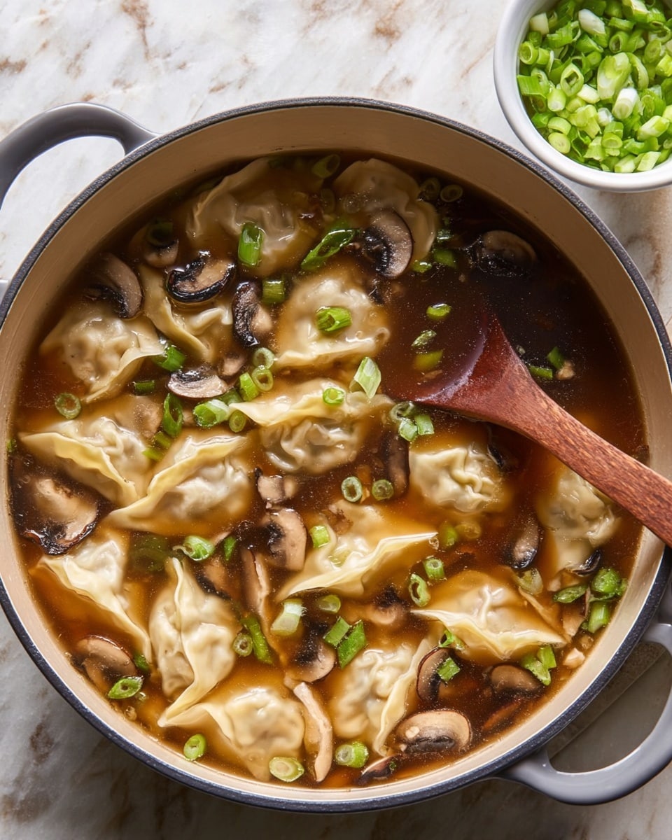 A top view of a grey pot filled with clear brown broth soup containing light beige dumplings with folded edges, thin dark brown and light tan mushroom slices, and light green chopped scallions floating on top. A wooden spoon dipped in the soup is placed on the right side in the pot, and in the background, there is a white bowl with more chopped scallions. The pot is set on a white marbled textured surface photo taken with an iphone --ar 4:5 --v 7