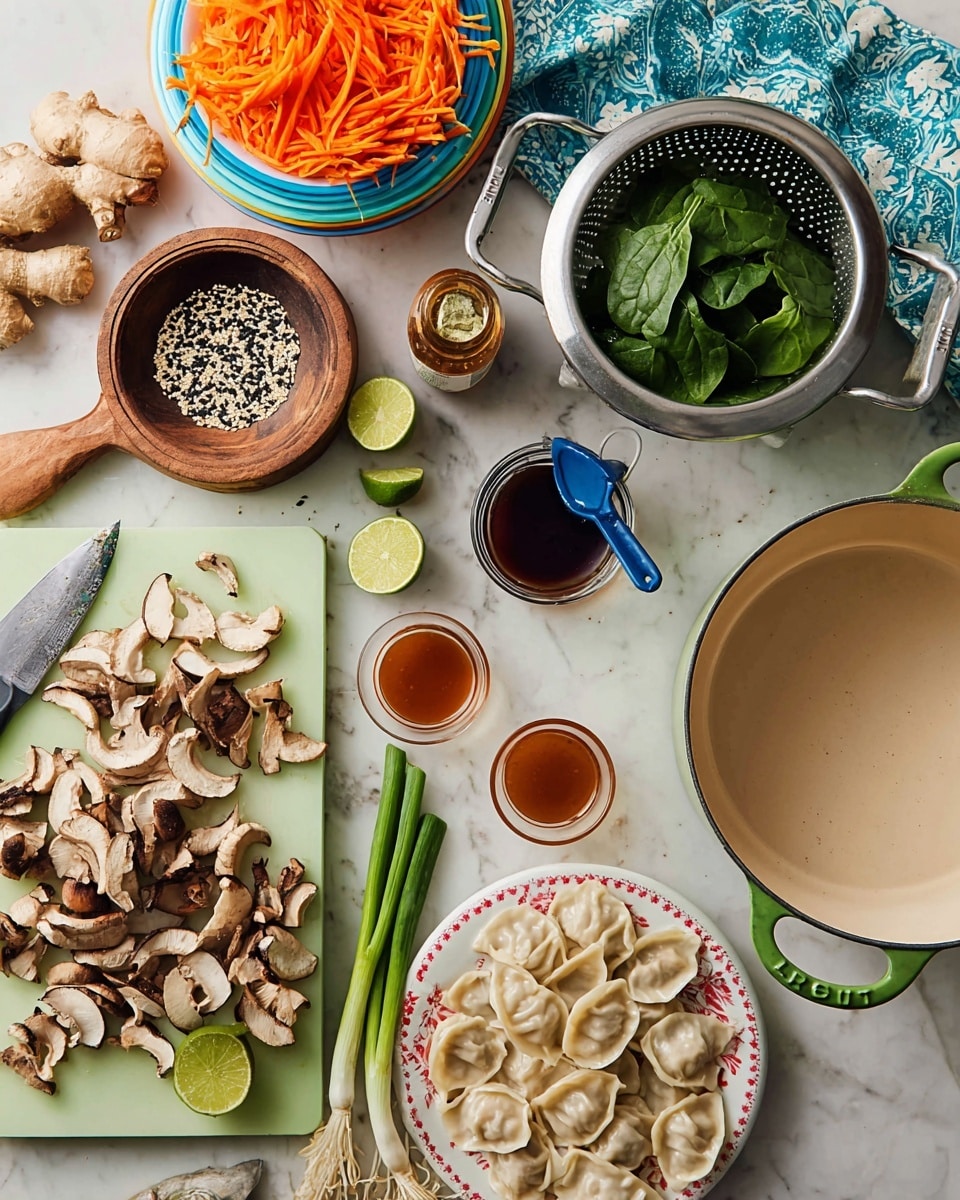 On a white marbled surface, there is a white pot with green handles on the right side with a beige inside. Near it, there is a silver colander filled with fresh green spinach leaves, and below it, a white plate with red rim holds light beige dumplings layered in a heap. To the left, a light green cutting board has many brown shiitake mushrooms spread around, a partial lime cut in half, a knife with a brown handle on it, and three whole limes beside. Above the cutting board, there are three green onions laying on the surface. Above the limes is a round wooden bowl with black sesame seeds and a blue measuring spoon inside it. Next to it is a small glass cup holding a dark red sauce with a blue measuring spoon resting in it. Nearby, another small glass cup contains a light brown liquid. On the top-left side, there is a colorful stack of white dishes with blue and green rims holding a heap of shredded bright orange carrots and a whole ginger root. A bottle of light olive oil sits behind the dishes, and a folded blue cloth with white patterns lies next to the pot. In the bottom center, a set of pale green measuring cups is arranged on the surface. Photo taken with an iphone --ar 4:5 --v 7