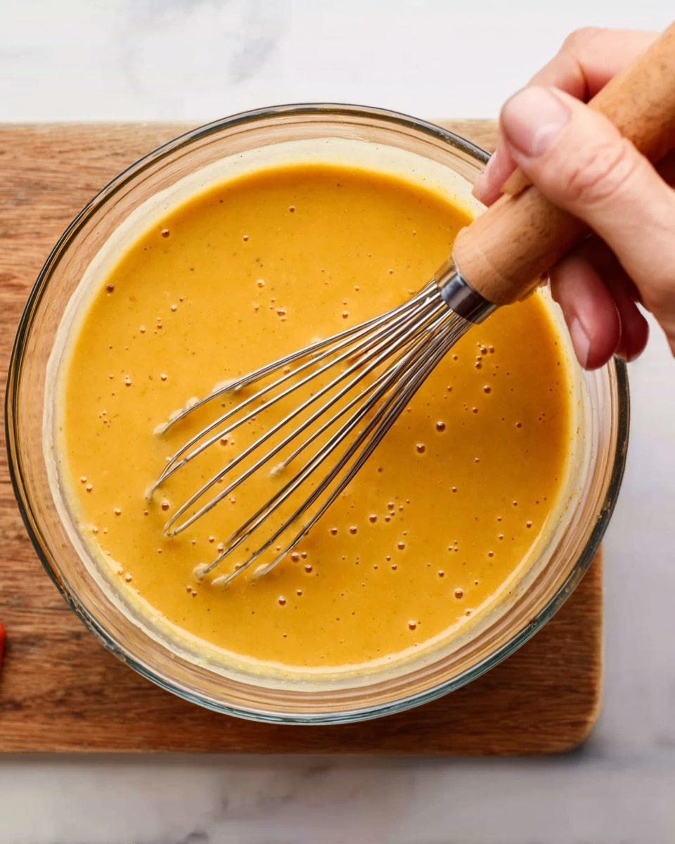 A clear glass bowl filled with a smooth, thick, orange-yellow mixture with tiny bubbles on the surface. A woman's hand is holding a metal whisk with a wooden handle, stirring gently inside the bowl. The bowl is placed on a white marbled surface. photo taken with an iphone --ar 4:5 --v 7