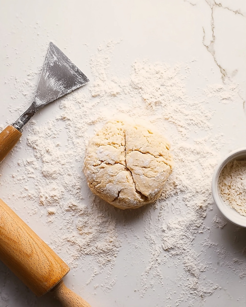 A round dough ball with a cracked light beige surface sits on a white marbled texture dusted with flour. To the right, there is a small white bowl containing some flour and a wooden rolling pin lies next to it. On the left side of the dough, a metal dough scraper with a wooden handle rests on the surface. The image shows a simple baking setup with a focus on the dough in the center, the flour-smudged background, and baking tools arranged around. photo taken with an iphone --ar 4:5 --v 7