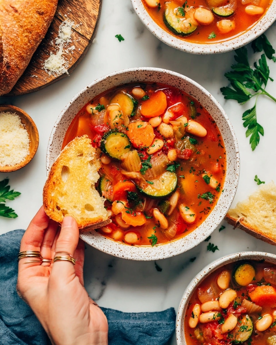 A white speckled bowl filled with a vibrant orange-red vegetable soup showing chunky slices of zucchini, orange carrot rounds, white beans, and tomato pieces in a clear broth, topped with green parsley leaves scattered for garnish. The bowl is held by a woman's hand with delicate rings, and next to it is a triangular piece of toasted golden-brown bread with a bite taken out. Surrounding the bowl are parts of other similar bowls with the same soup, a small bowl of grated cheese, a wooden board with bread, a blue cloth, and scattered green parsley leaves on a white marbled surface. photo taken with an iphone --ar 4:5 --v 7