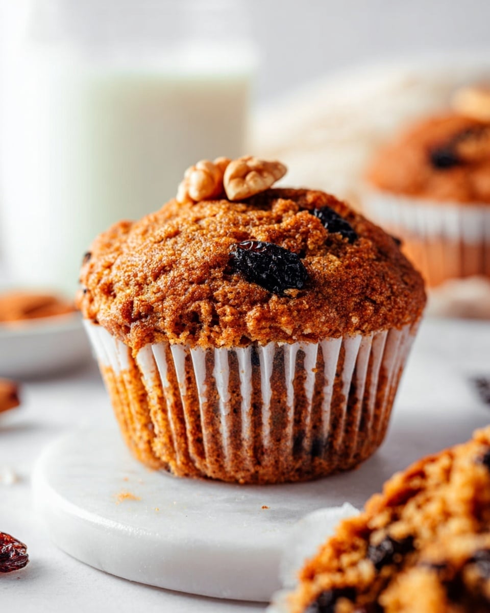 The image shows a single muffin with a rough, crumbly texture in a white paper liner placed on a white marbled surface. The muffin is golden brown with visible dark spots of dried fruit inside and on top, along with a small walnut piece resting on the muffin's rounded top. In the background, there is a blurred image of another muffin, a glass of milk, and some light-colored items that add depth to the scene. Photo taken with an iphone --ar 4:5 --v 7