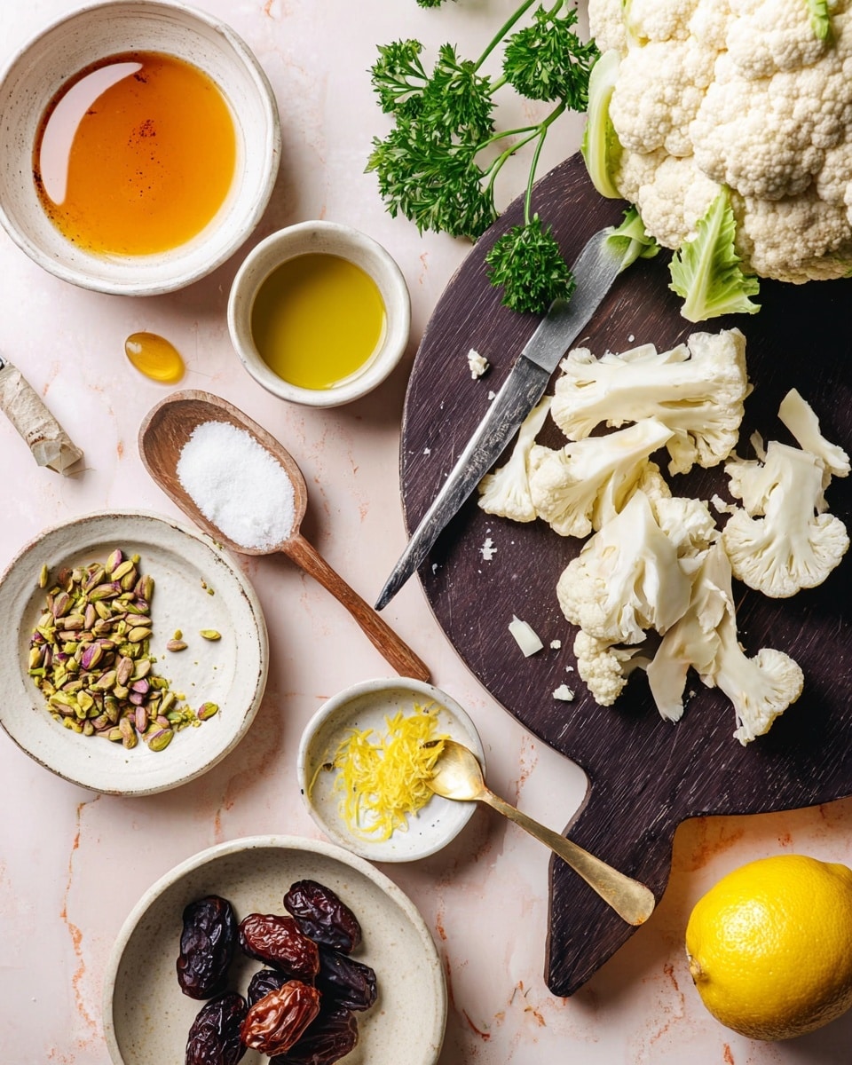 The image shows various cooking ingredients carefully arranged on a white marbled surface. In the center right, a dark round cutting board holds a pile of thinly sliced white cauliflower with a knife resting on top, next to a whole cauliflower and fresh green parsley sprigs. Surrounding this are small white bowls filled with honey, olive oil with a small mustard dollop on a wooden spoon, coarse salt on a black spoon, and lemon zest on a white spoon placed on a white plate. At the bottom left, there are whole pistachios in a small white bowl and dried dark dates in another white bowl. In the bottom right corner, a whole lemon with a bright yellow peel sits partially visible. The overall setup feels fresh and clean with a soft natural light. Photo taken with an iphone --ar 4:5 --v 7