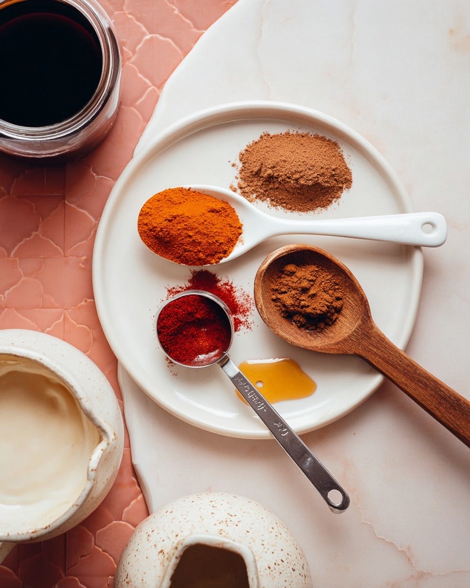 The image shows a white plate with four different spices and liquids arranged neatly: a brown powder on a white ceramic spoon at the top, an orange-red powder on a smaller white ceramic spoon below it, a larger wooden spoon filled with a darker brown powder to the right, and a metal measuring spoon with dark liquid below the wooden spoon. There is a small drop of golden liquid on the plate near the orange-red powder. Around the plate, on a white marbled surface, there are a clear glass container of dark liquid on the left, a white bowl with a creamy substance in the bottom left corner, and a speckled white ceramic pitcher with light brown liquid at the bottom. Photo taken with an iphone --ar 4:5 --v 7