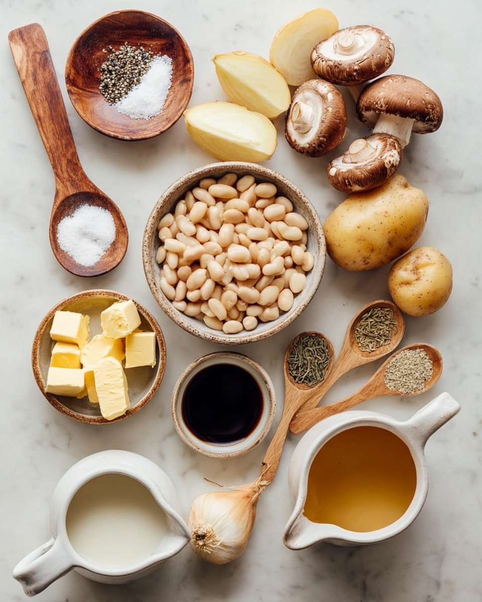 The image shows an arrangement of cooking ingredients on a white marbled surface. Starting from the top left, there is a wooden spoon holding coarse salt and black pepper. Below it, a round bowl filled with light beige beans. To the right of the beans, there are three whole mushrooms with brown caps, and above them two sliced potatoes, one showing the yellow inside. Next to the mushrooms, there are five peeled garlic cloves, and to their right are two wooden spoons holding dried herbs. Beside the spoons is a half of a white onion, and near it are two whole small potatoes. Below this setup, a small white bowl contains cubes of light yellow butter, and below it, a beige bowl holds a serving of yellow mustard. A deep beige pitcher filled with white milk is on the bottom left, next to a small white bowl filled with a dark brown liquid, probably soy sauce. Lastly, on the bottom right corner, there is a white pitcher containing a golden liquid, likely broth or oil. The ingredients are well spaced and the photo is bright and clear, photo taken with an iphone --ar 4:5 --v 7