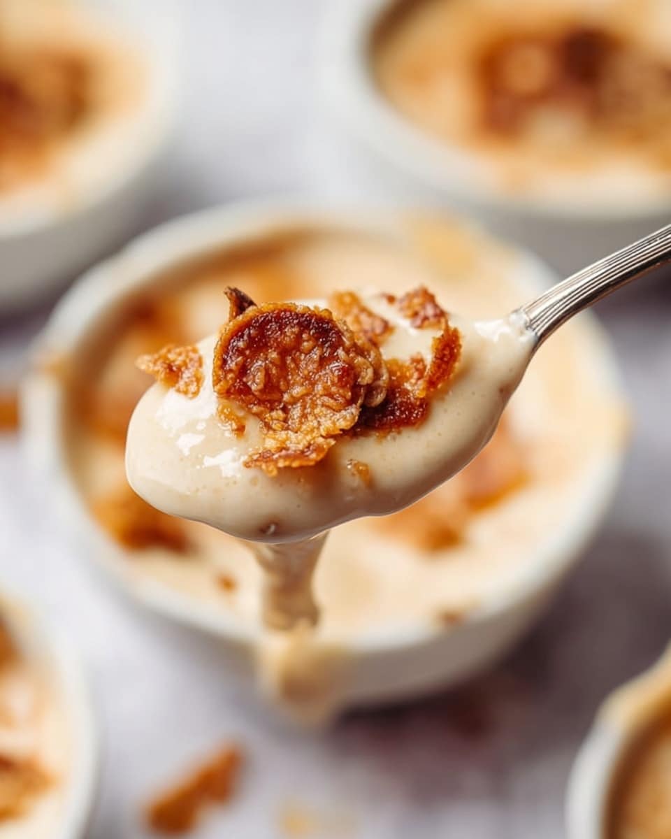 A silver spoon holds a creamy, smooth beige dessert with soft texture. On top and mixed inside the dessert, there are small, crispy, golden-brown flakes with a slightly shiny surface and irregular shapes. The background has a white marbled texture with blurred white bowls at the edges filled with the same dessert and flakes. The focus is tight on the spoonful to show the contrast between the creamy dessert and the crunchy flakes, photo taken with an iphone --ar 4:5 --v 7