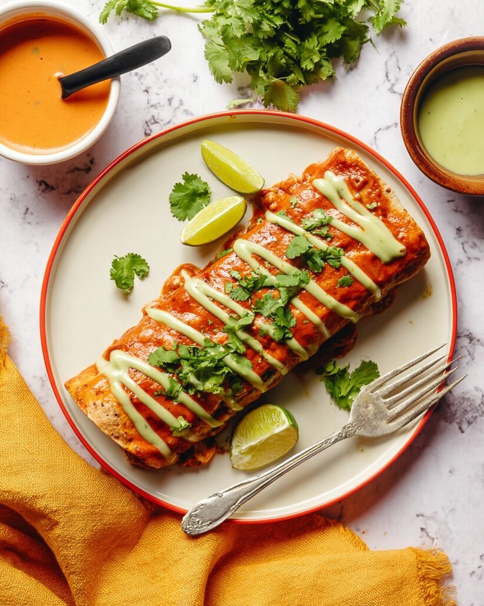 A single enchilada lies on a white plate with a thin red rim, placed on a white marbled surface. The enchilada has a soft reddish-orange sauce layer covering most of its surface, with a slightly crispy edge on the right side. On top, there is a zigzag drizzle of a creamy pale green sauce, adding texture and color contrast. Scattered fresh green cilantro leaves rest on the sauce and around the plate. Two lime wedges, one whole and one quartered, sit next to the enchilada for garnish. A silver fork is placed on the right side of the plate. In the background, there is a small white bowl with an orange sauce and a black spoon inside it, a bunch of fresh cilantro, and a small brown bowl with a creamy green sauce. A mustard yellow cloth is partially visible beneath the plate on the right side. Photo taken with an iphone --ar 4:5 --v 7