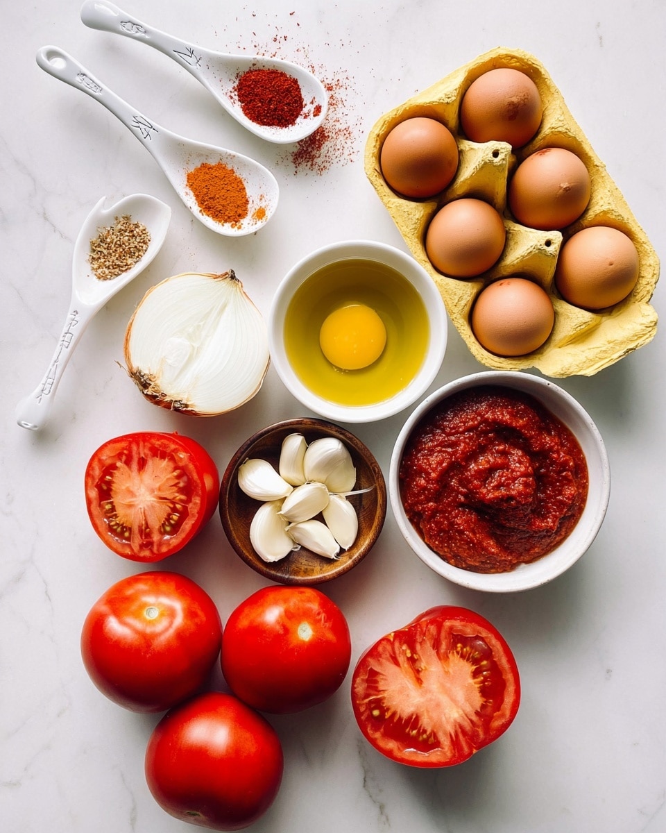 The image shows a white marbled surface with fresh and raw cooking ingredients arranged neatly. There are six brown eggs in a yellow carton on the right side, next to a small white bowl filled with golden olive oil. In the center, a small brown bowl holds three cloves of white garlic. A larger white bowl contains thick red tomato paste near the bottom left. Around the bowls, there are several red tomatoes of different sizes, including a large tomato sliced in half showing its red inside. A white onion is cut in half with the white layers visible. At the top are three white ceramic spoons, each holding different spices: red chili flakes, bright red paprika powder, and light brown ground spice. The colors mix between red, white, yellow, and brown on the white marbled background. photo taken with an iphone --ar 4:5 --v 7