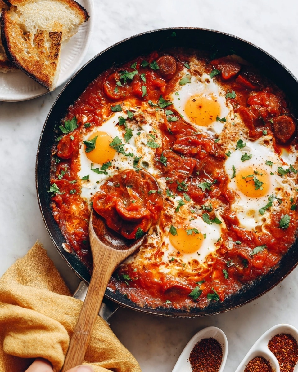 The image shows a black cast-iron skillet filled with shakshuka, a dish made of four cooked eggs with bright yellow yolks sitting in a thick, rich red tomato sauce with visible chunks of tomatoes. The eggs are evenly spaced, with some yolks slightly runny and whites fully cooked. Fresh green herbs are sprinkled on top for color contrast. A piece of toasted bread is placed inside the skillet, partially dipped into the sauce near one of the eggs. Around the skillet are three white ceramic spoons filled with ground spices in shades of orange and brown, and two pieces of toasted bread are placed on the white marbled surface next to the skillet. A yellow cloth is partially under the skillet handle, and a woman's hand is not visible in this image. Photo taken with an iphone --ar 4:5 --v 7