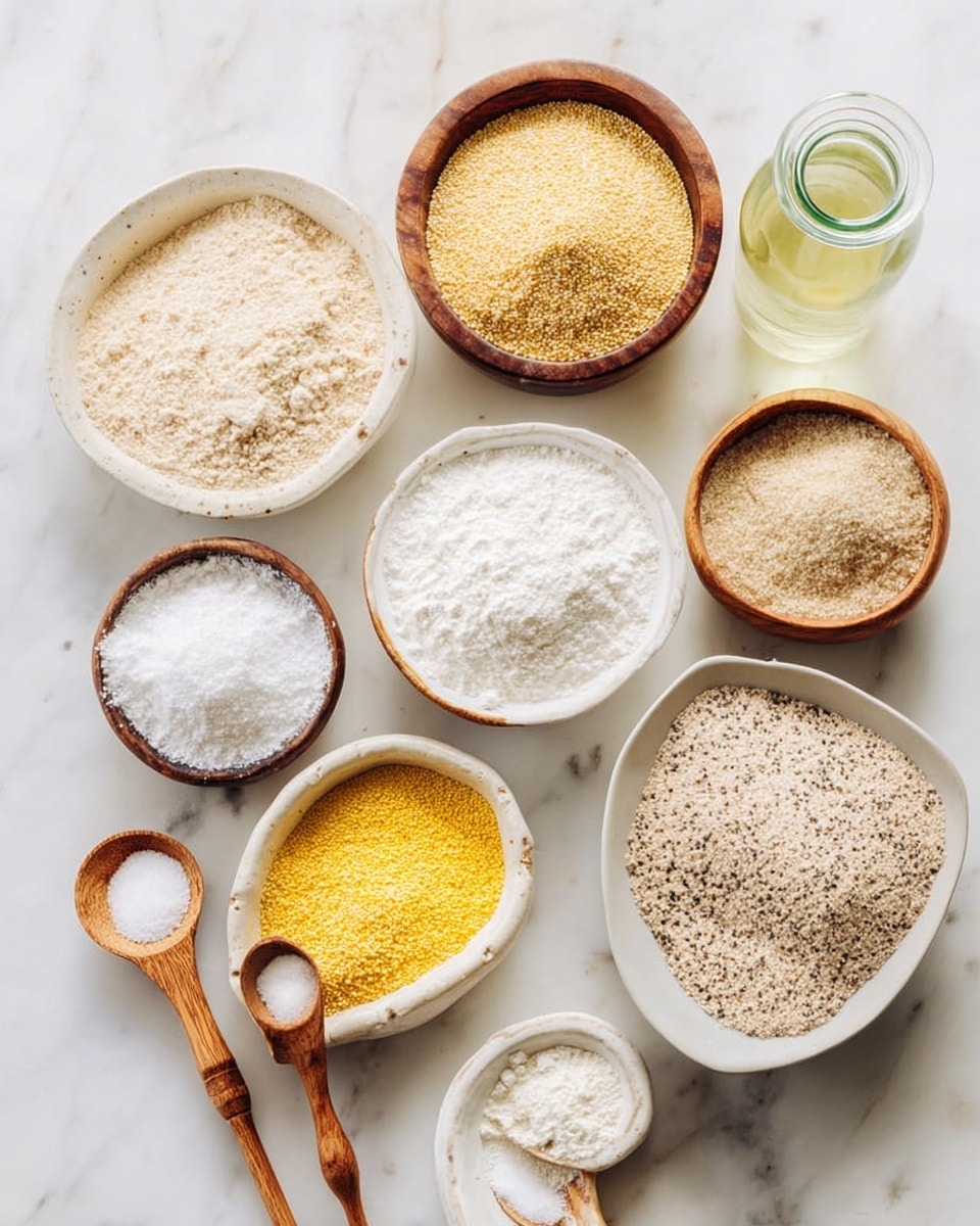 The image shows several white bowls and small wooden spoons arranged on a white marbled surface, each holding different dry ingredients. There are nine containers in total: three wooden bowls hold a light beige powdery ingredient and a golden brown coarse ingredient, while the other white bowls have bright yellow cornmeal, white powder, a fine sandy mix, and a speckled light brown powder. Two small wooden spoons carry white powders. A white bowl with a yellow liquid and a glass bottle of water are also visible near the top. All items are neatly arranged, showing a variety of textures and pale natural colors. Photo taken with an iphone --ar 4:5 --v 7