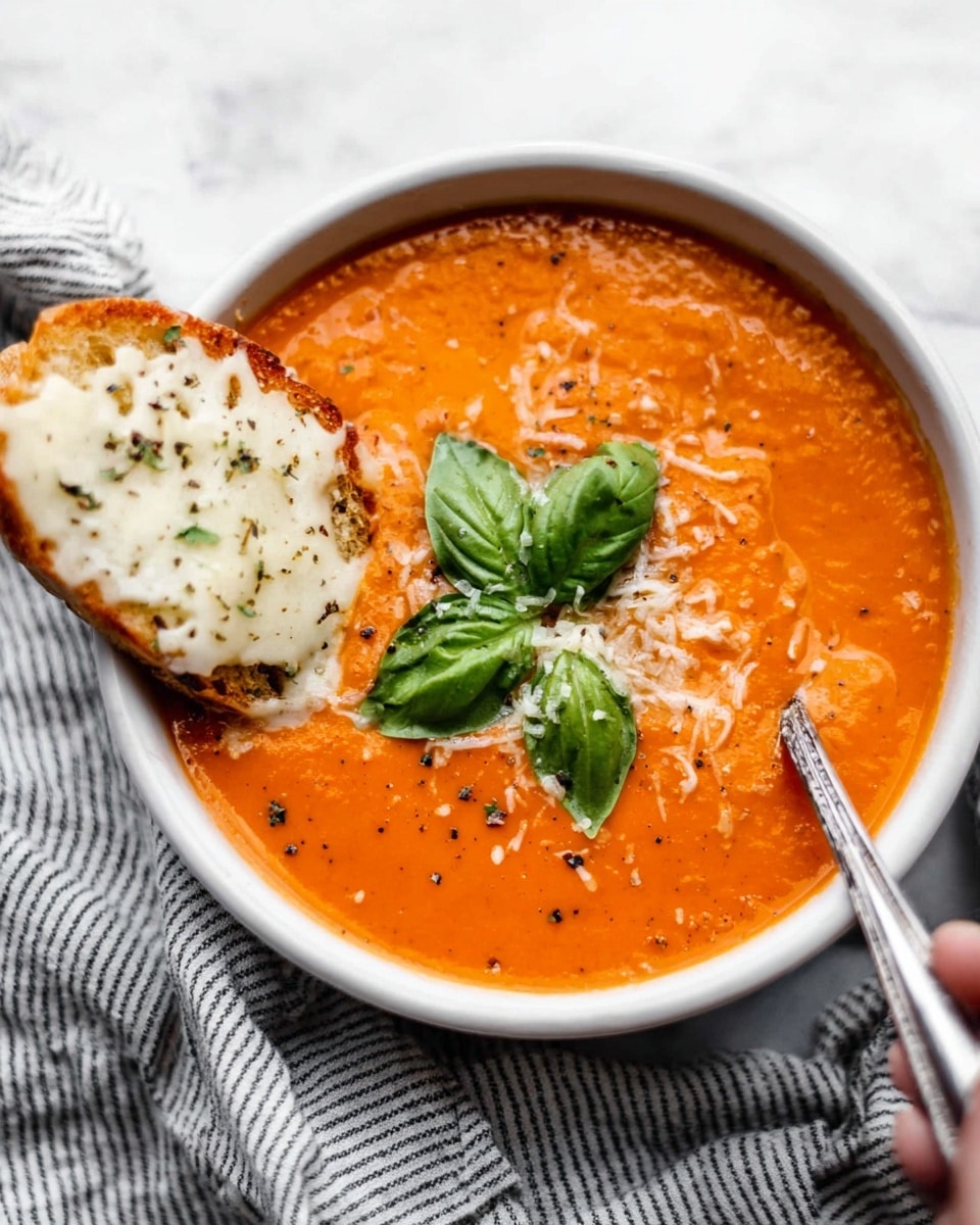 A white bowl filled with thick, bright orange tomato soup with a smooth texture, topped with three fresh green basil leaves and a sprinkle of grated cheese. A slice of toasted bread with melted white cheese and black pepper rests on the side of the bowl. A silver spoon is placed on a white marbled surface next to the bowl with a white and gray striped cloth nearby. photo taken with an iphone --ar 4:5 --v 7