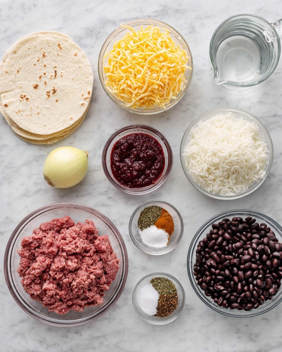 The image shows different ingredients neatly placed on a white marbled surface. From left to right, there are two soft, light beige tortillas stacked next to a clear glass measuring cup with water. Above the tortillas, there is a glass bowl filled with shredded yellow cheese. Below that, a smaller glass bowl contains a deep red paste. Next to the paste is a bowl with white cooked rice, and beside that sits a whole yellow onion. To the right, a large glass bowl is filled with dark black beans, and below it is a large glass bowl containing raw, finely ground pink beef. Near the top right, there are two small glass bowls with different seasonings: one with mixed dry herbs and spices in red, green, and brown tones, and the other with salt and pepper. photo taken with an iphone --ar 4:5 --v 7