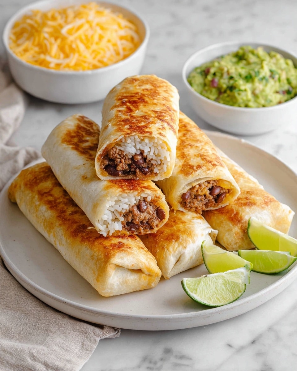 A close-up image of a burrito cut in half placed on a round white plate. The burrito wrapping is golden brown and slightly crispy. Inside, the layers are visible, starting with white rice, dark red kidney beans, and seasoned ground meat with a crumbly texture. Next to the burrito halves, there is a scoop of chunky green guacamole with small pieces of cilantro on the plate. In the background, there is a white bowl filled with more guacamole and three full burritos placed on a white plate. The surface beneath the plates is a white marbled texture. photo taken with an iphone --ar 4:5 --v 7