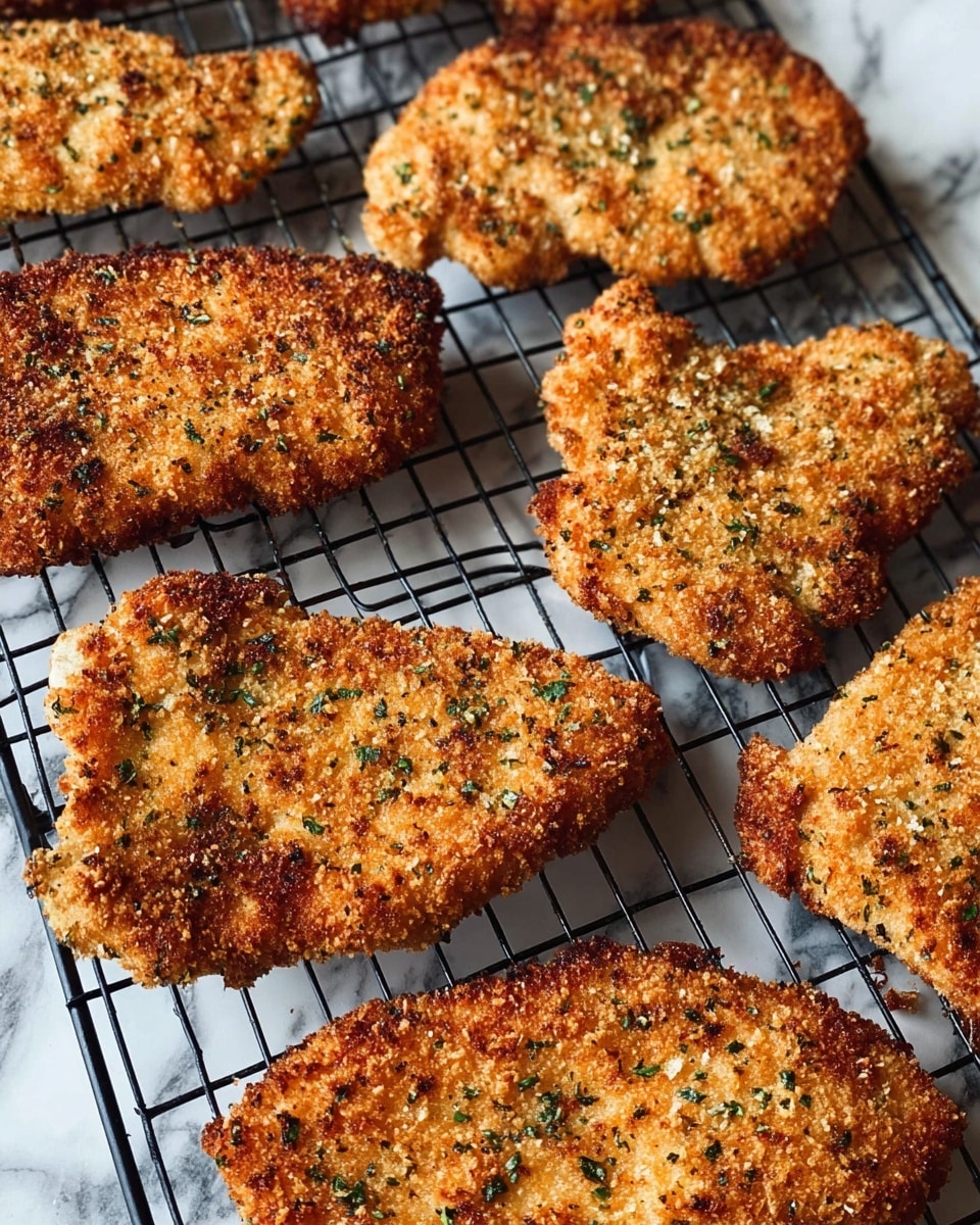 The image shows several crispy breaded pieces of meat arranged on a black wire cooling rack over a white marbled surface. Each piece has a golden-brown crust with green herb flakes mixed into the breading, looking crunchy and well-cooked with slight uneven browning on some edges. The pieces vary in size and shape, with some more rounded and others more angular, lying flat and spaced apart on the rack to display their textured surfaces. Photo taken with an iphone --ar 4:5 --v 7