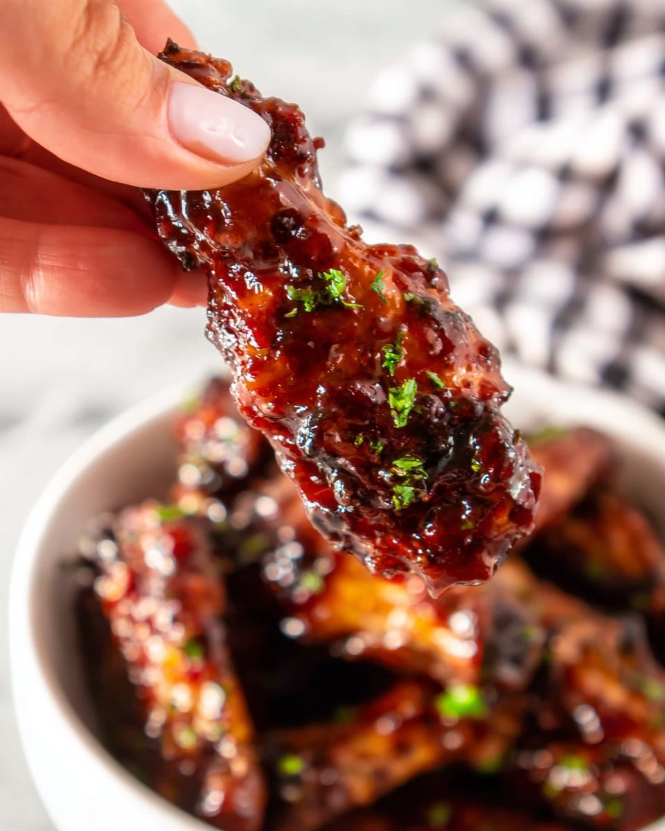 A close-up of a shiny, dark reddish-brown glazed chicken wing being held between the thumb and forefinger of a woman's hand, with the fingers slightly curved. The chicken wing’s glaze looks thick and sticky, reflecting light with some green herb bits sprinkled on top. In the background, there is a white bowl filled with more glazed chicken wings, resting on a white marbled surface with a blurred checkered cloth nearby. photo taken with an iphone --ar 4:5 --v 7
